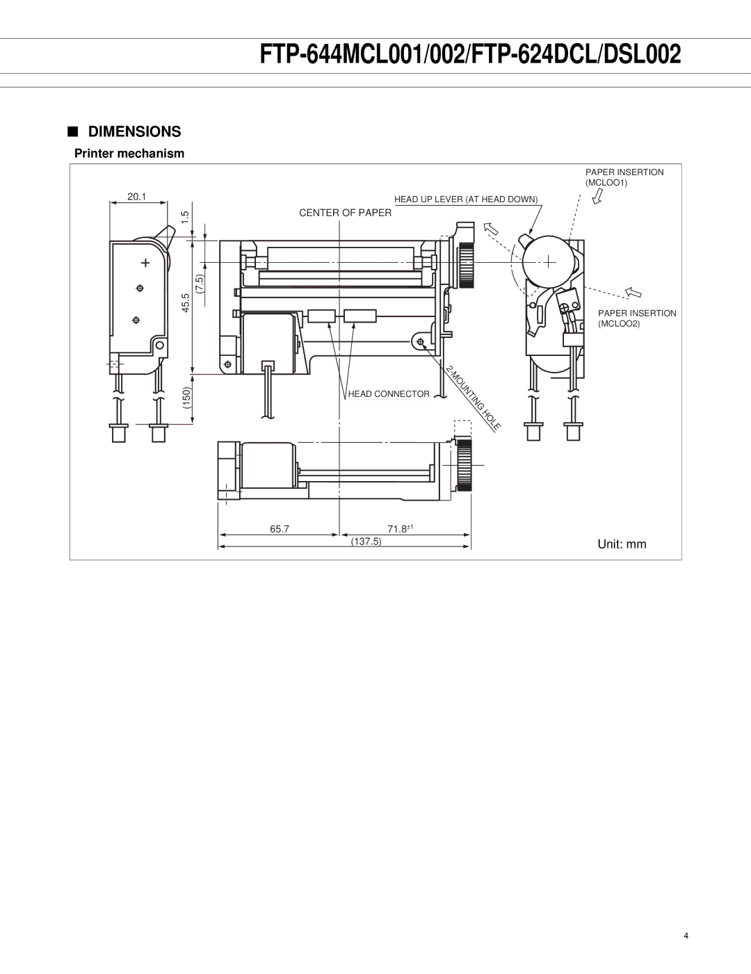 Fujitsu FTP-644MCL002, FTP-644MCL001 manual Dimensions, Printer mechanism 