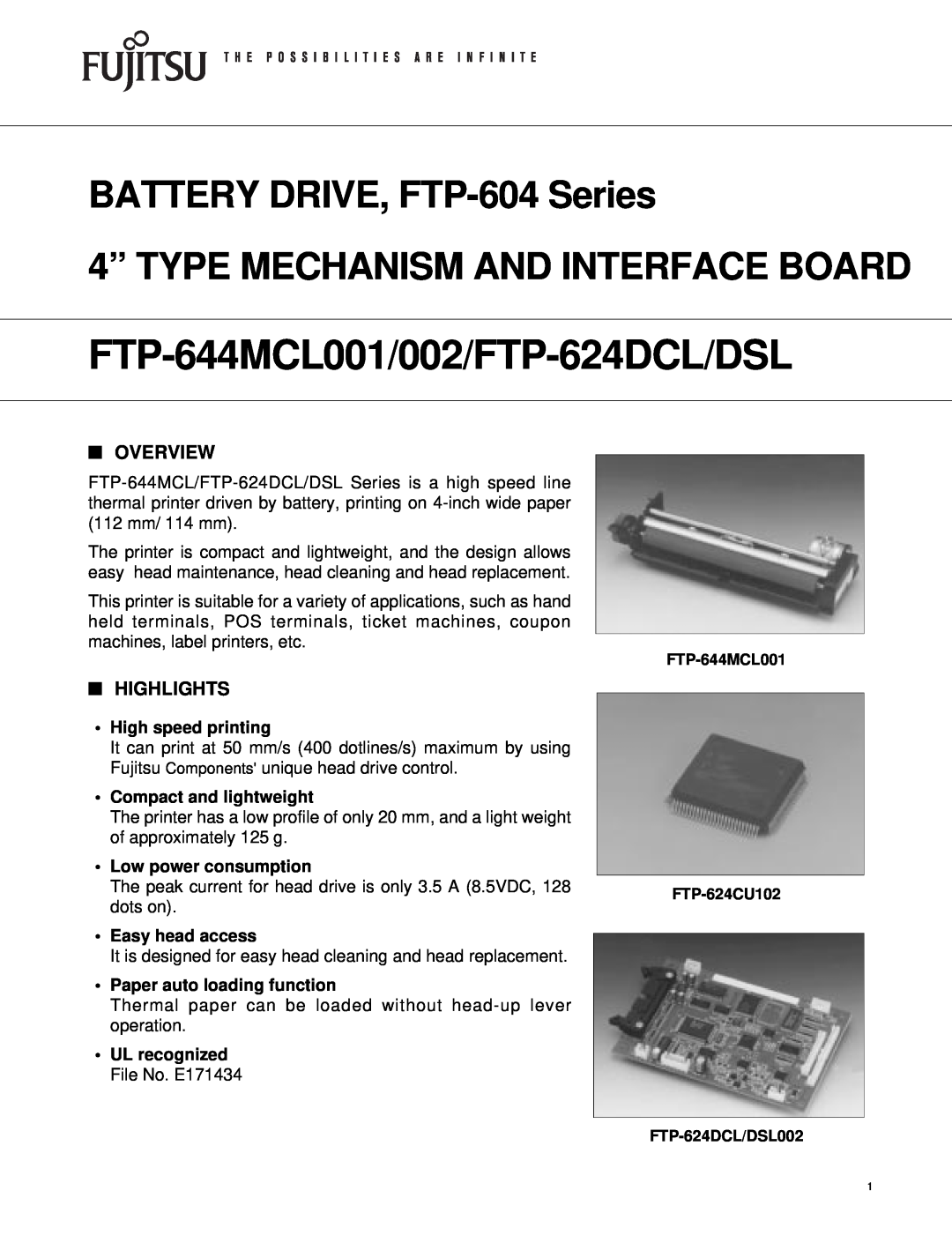 Fujitsu FTP-644MCL001 manual Overview, Highlights, High speed printing, Compact and lightweight, Low power consumption 