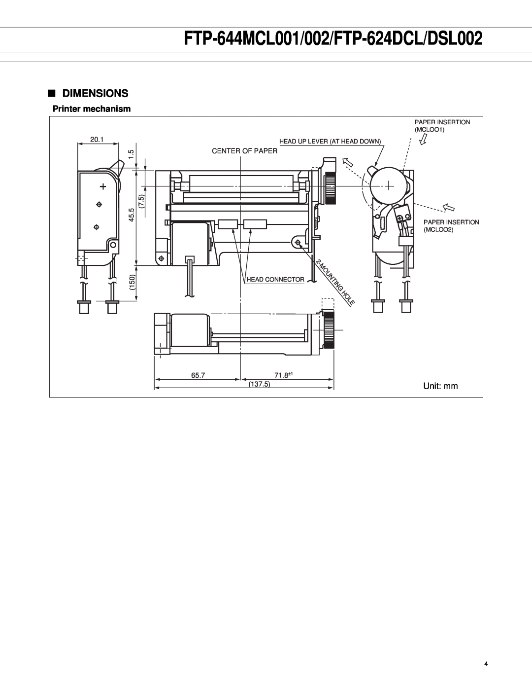Fujitsu FTP-644MCL002 manual Dimensions, FTP-644MCL001/002/FTP-624DCL/DSL002, Printer mechanism 