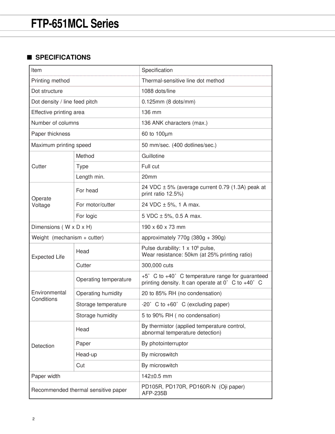 Fujitsu FTP-651MCL302, FTP-651MCL301, FTP-651MCL102, FTP-651MCL101 manual FTP-651MCL Series, Specifications 