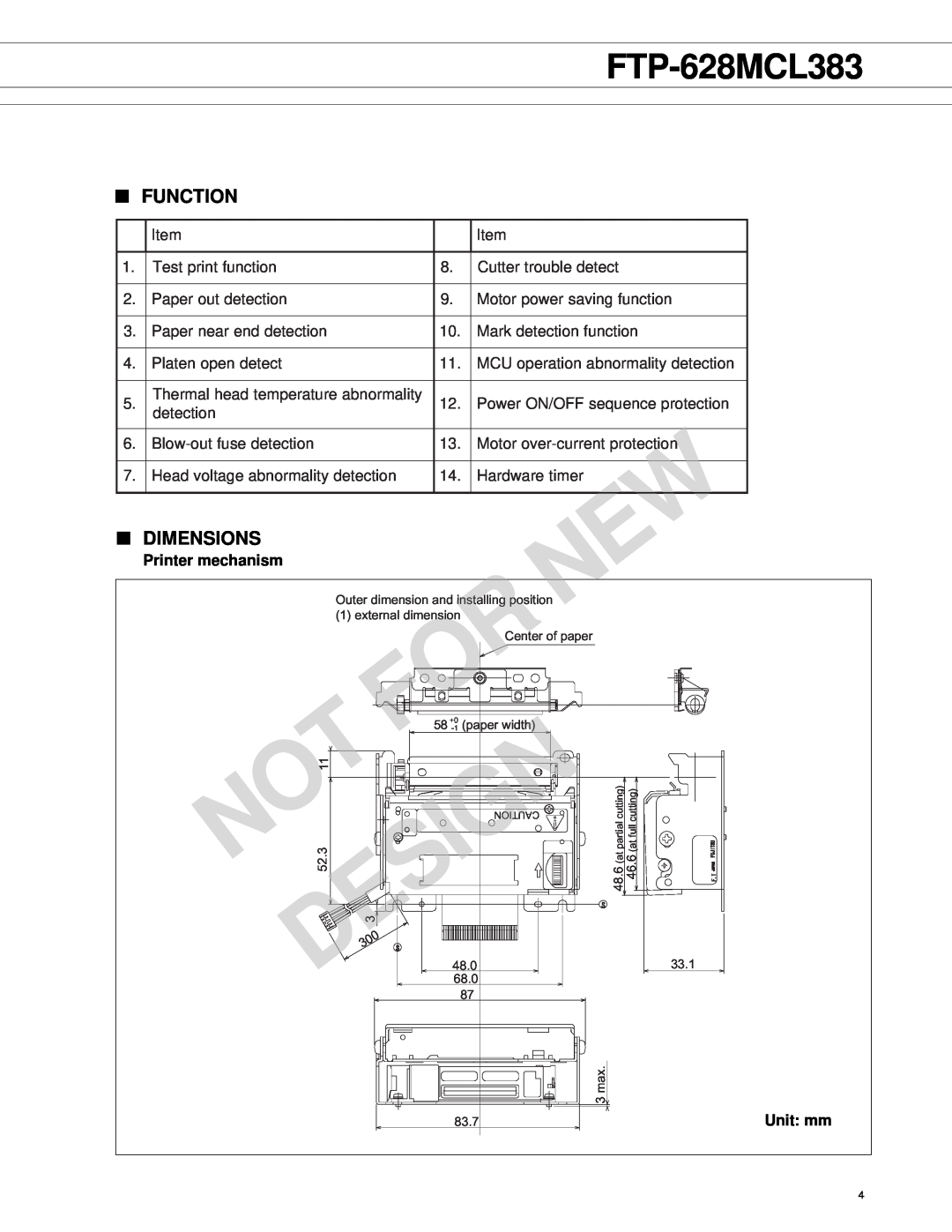 Fujitsu FTP628 MCL383 manual Function, Dimensions, Printer mechanism, Unit mm, Design, FTP-628MCL383 