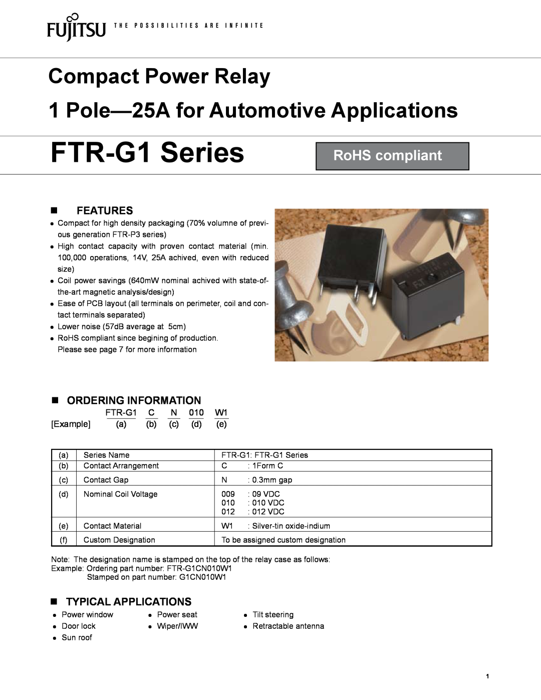Fujitsu manual n FEATURES, n ORDERING INFORMATION, n TYPICAL APPLICATIONS, FTR-G1 Series, RoHS compliant 