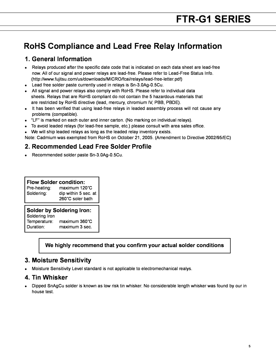 Fujitsu Flow Solder condition, Solder by Soldering Iron, FTR-G1 SERIES, RoHS Compliance and Lead Free Relay Information 
