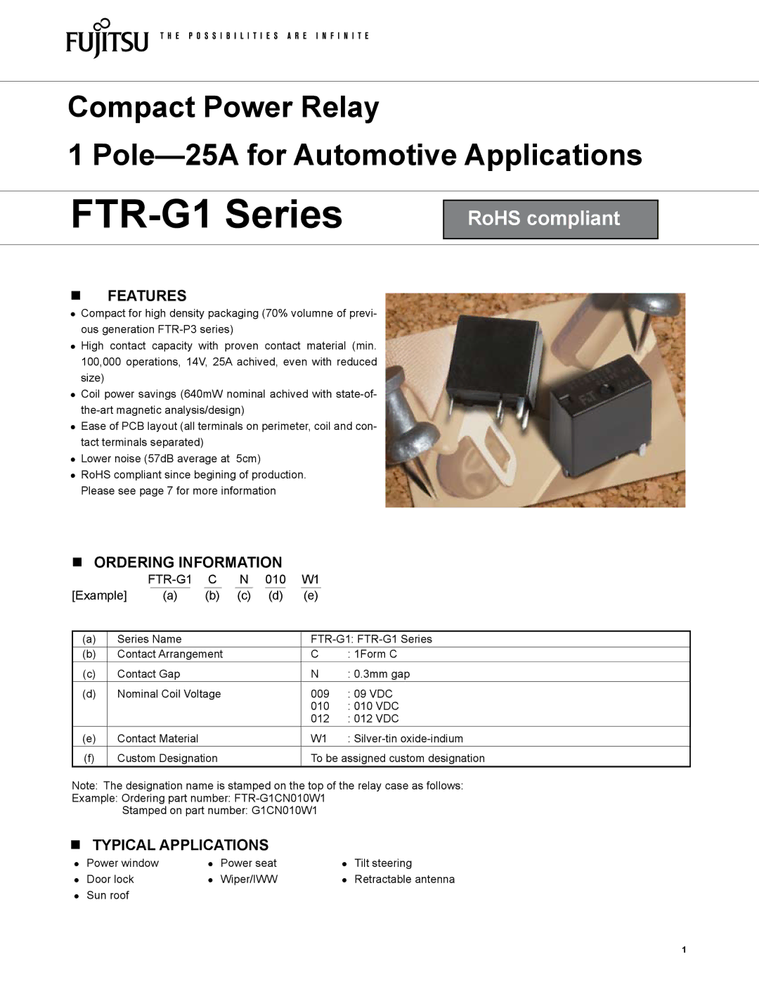 Fujitsu FTR-G1 manual Features, Ordering Information, Typical Applications 