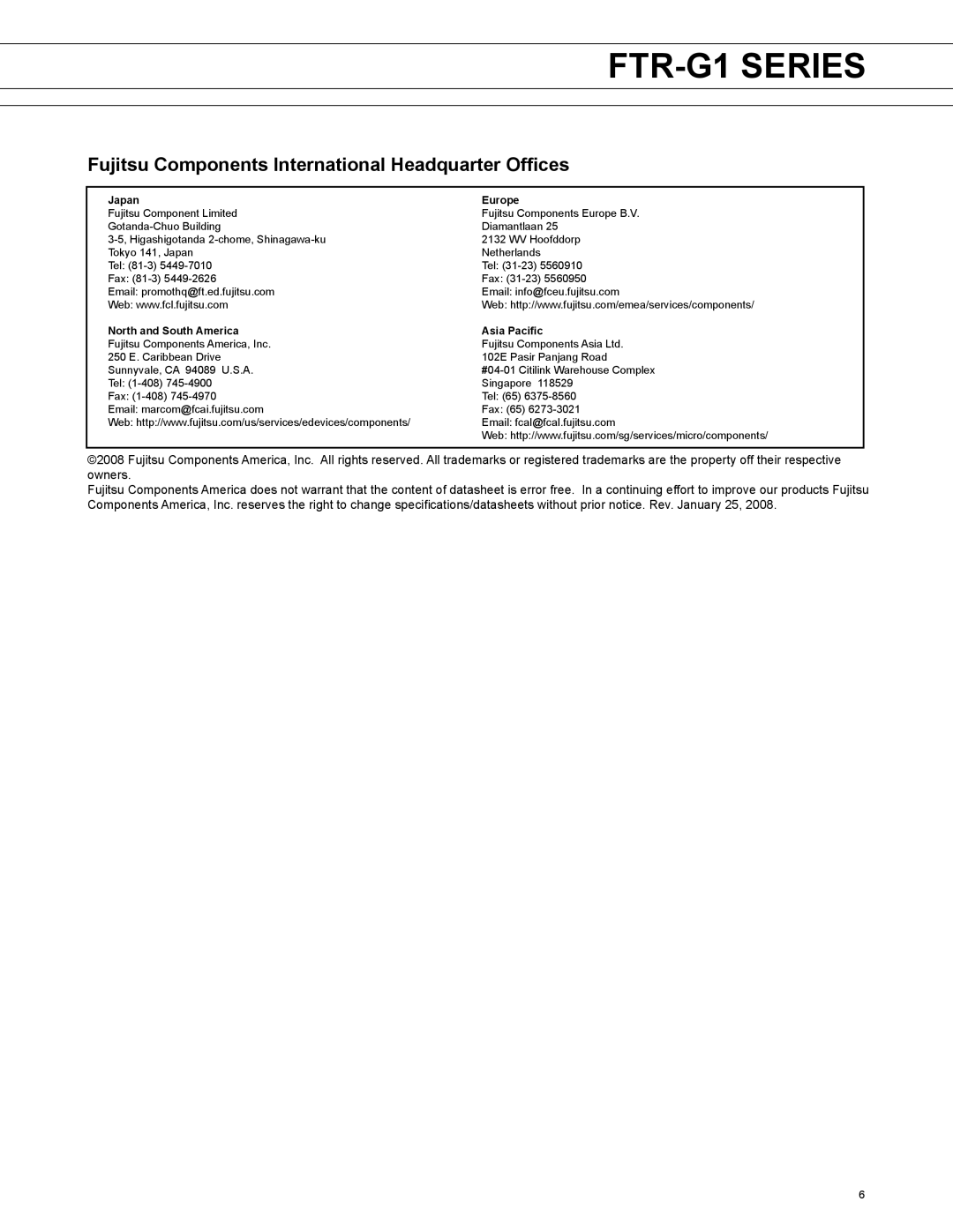 Fujitsu FTR-G1 manual Fujitsu Components International Headquarter Offices, Japan Europe 