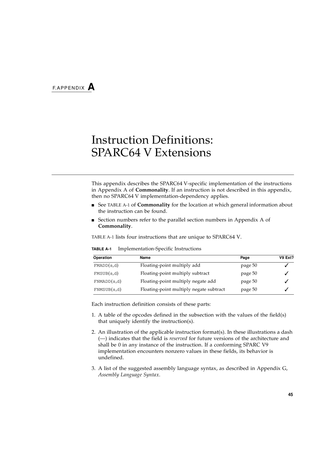 Fujitsu Fujitsu SPARC64 V Instruction Definitions SPARC64 V Extensions, Table A-1Implementation-Specific Instructions 