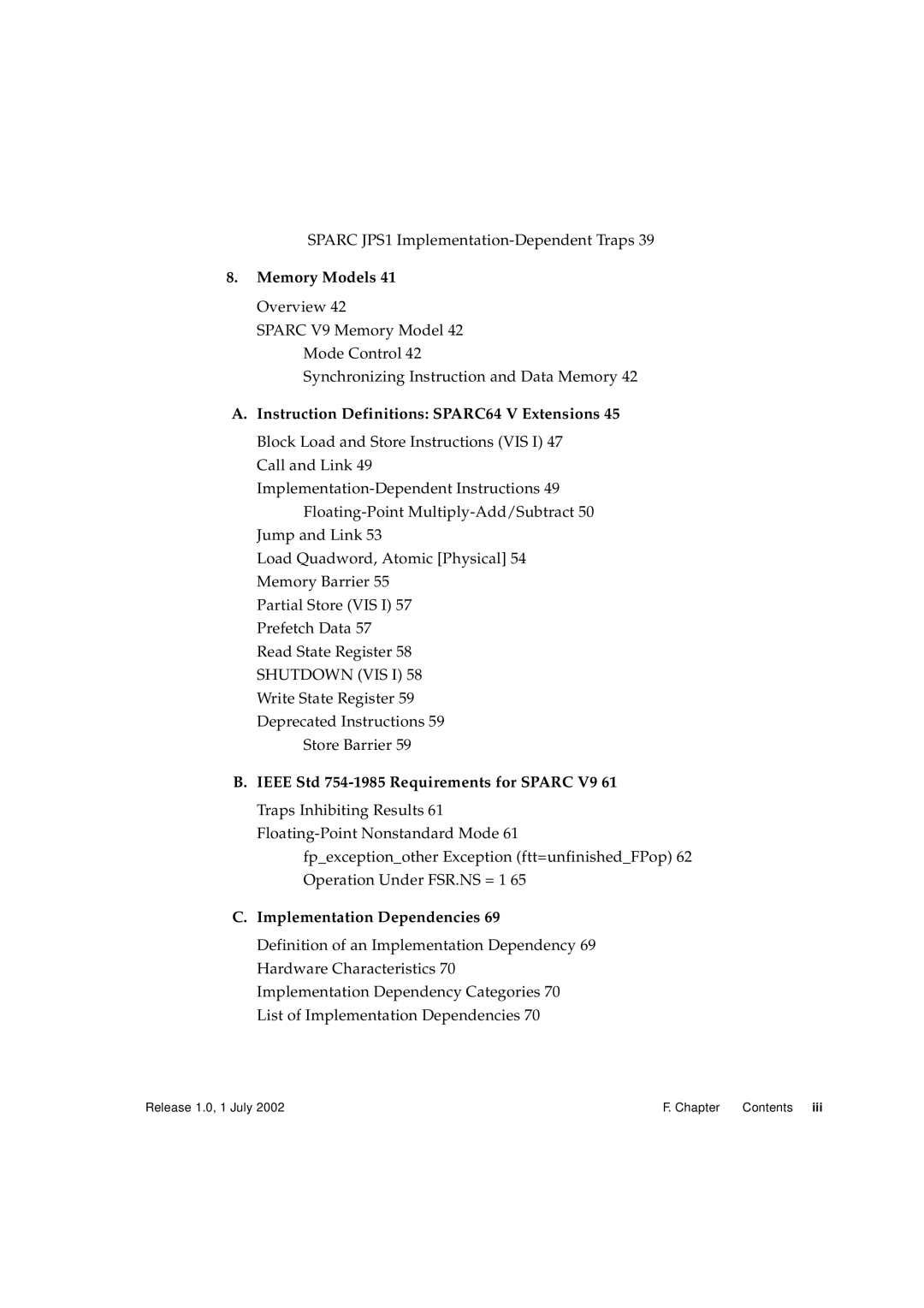 Fujitsu Fujitsu SPARC64 V manual Sparc JPS1 Implementation-Dependent Traps, Memory Models, Implementation Dependencies 