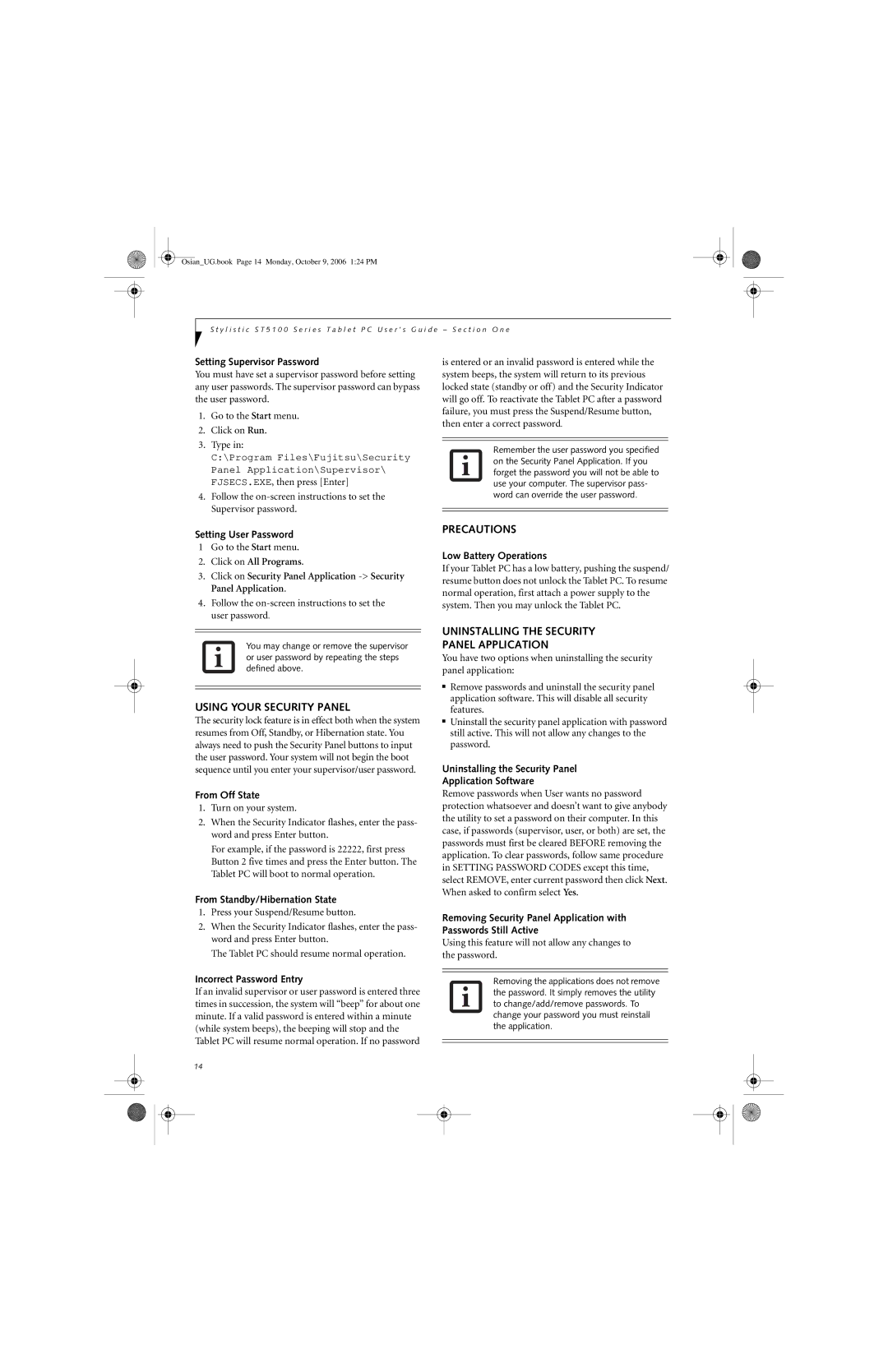 Fujitsu GBR-222200-002 manual Precautions, Using Your Security Panel, Uninstalling the Security Panel Application 