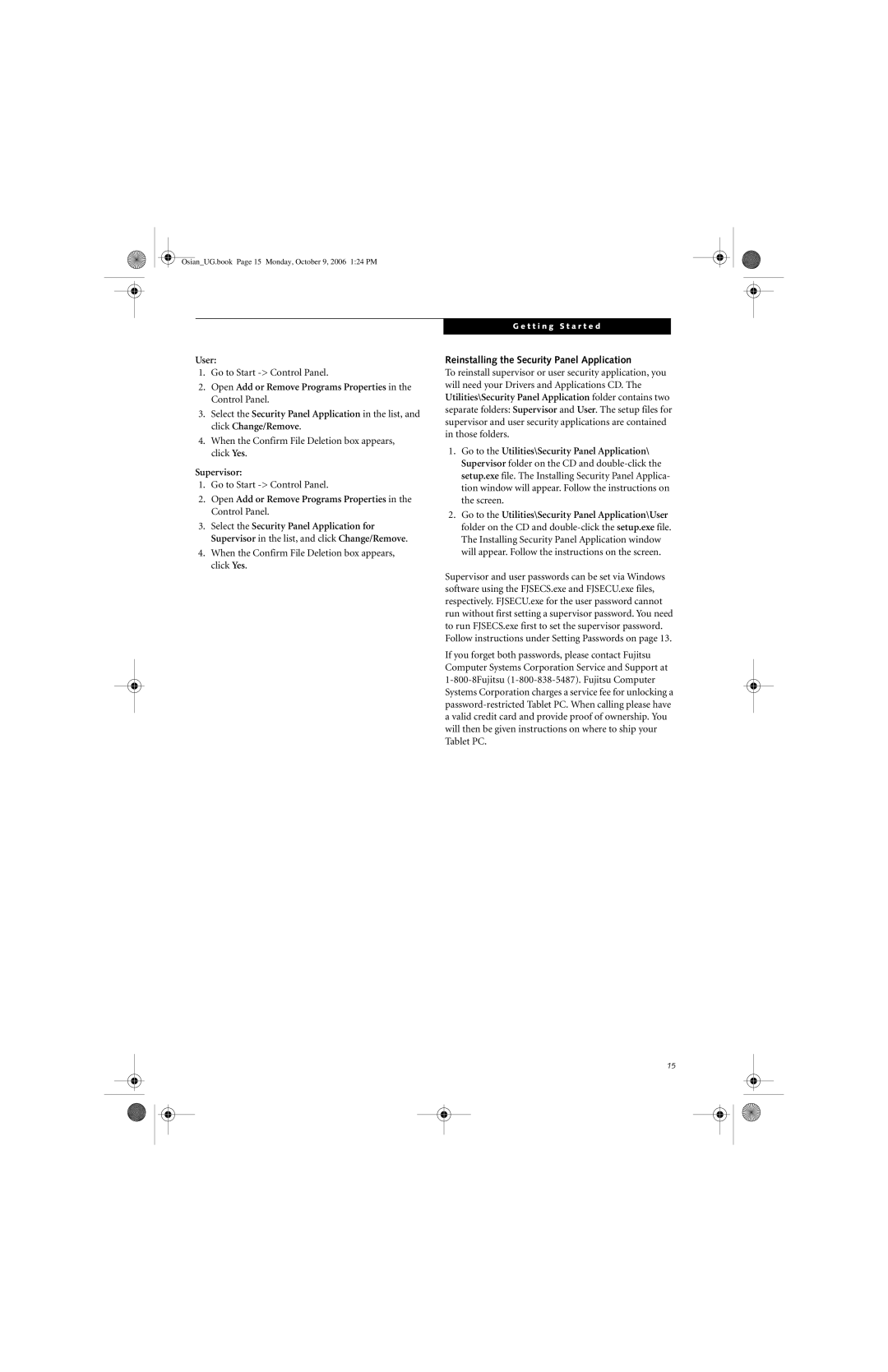 Fujitsu GBR-222200-002 manual User, Supervisor, Open Add or Remove Programs Properties in the Control Panel 