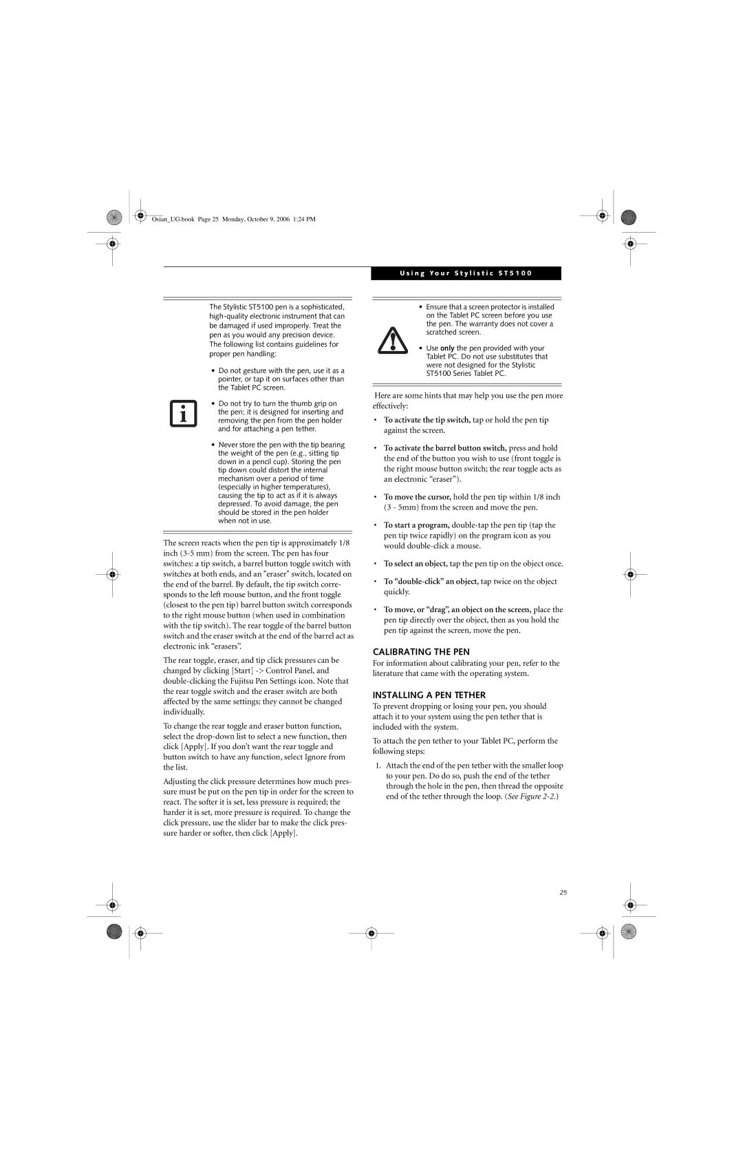 Fujitsu GBR-222200-002 manual Calibrating the PEN, Installing a PEN Tether 