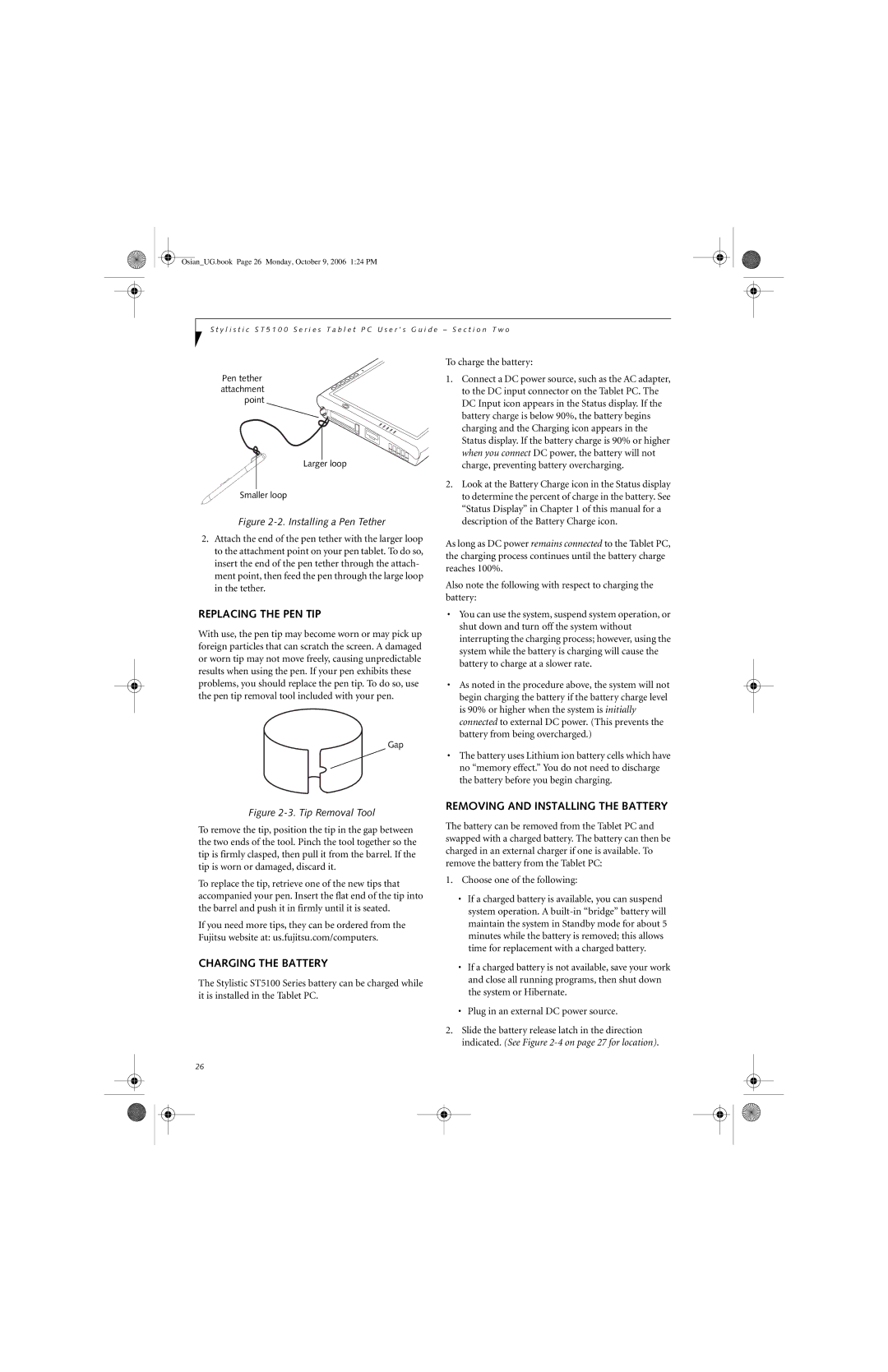 Fujitsu GBR-222200-002 manual Replacing the PEN TIP, Removing and Installing the Battery, Charging the Battery 