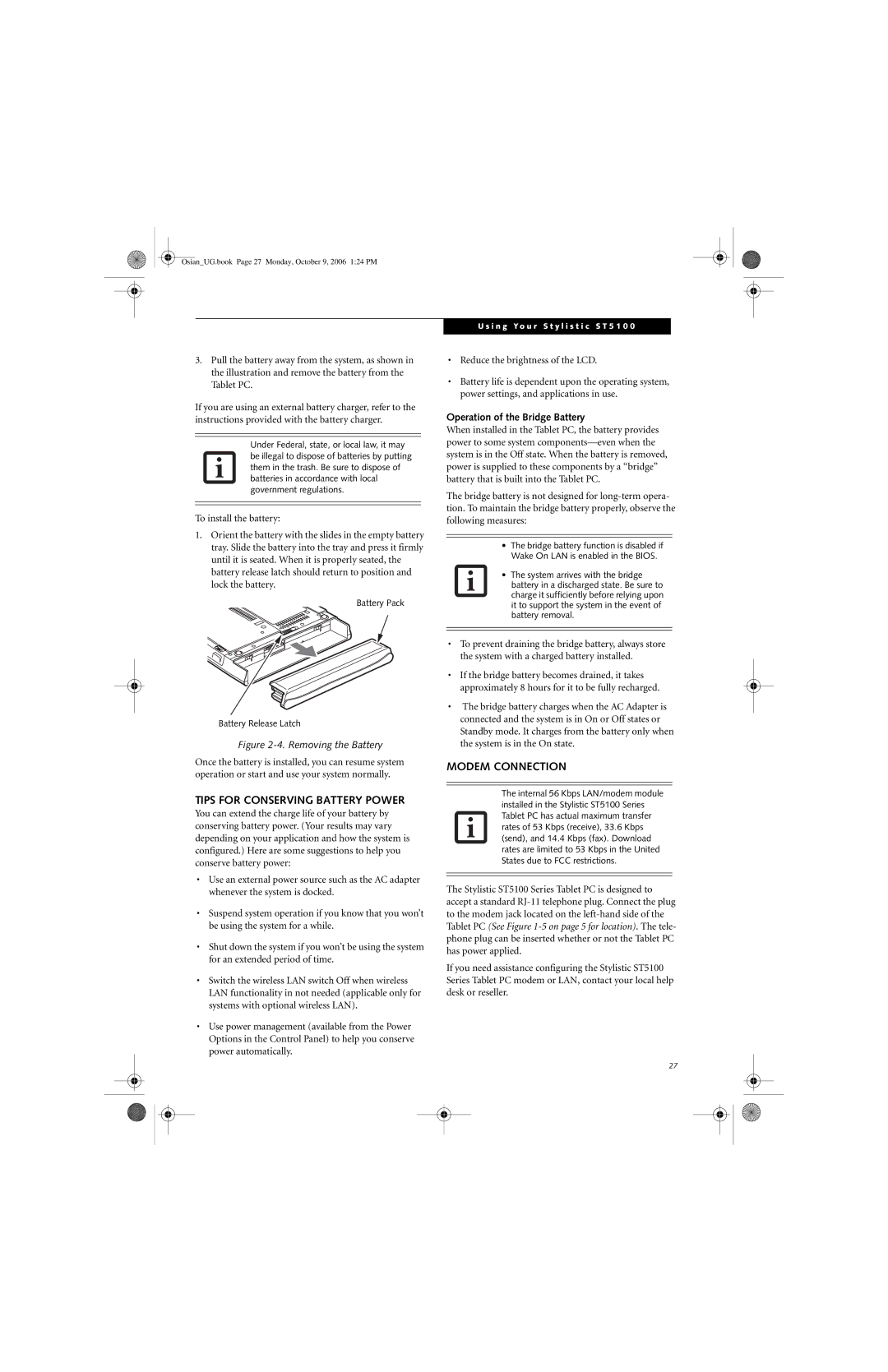 Fujitsu GBR-222200-002 manual Tips for Conserving Battery Power, Modem Connection, Operation of the Bridge Battery 