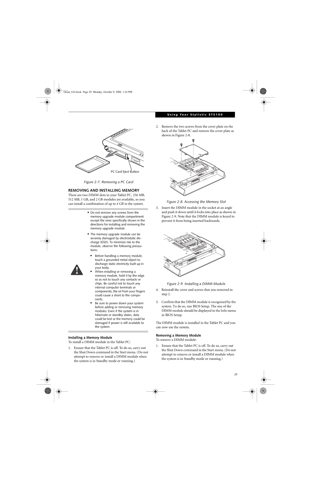 Fujitsu GBR-222200-002 manual Removing and Installing Memory, Installing a Memory Module, Removing a Memory Module 