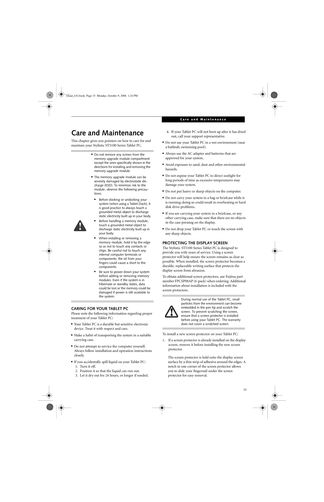 Fujitsu GBR-222200-002 manual Care and Maintenance, Caring for Your Tablet PC, Protecting the Display Screen 