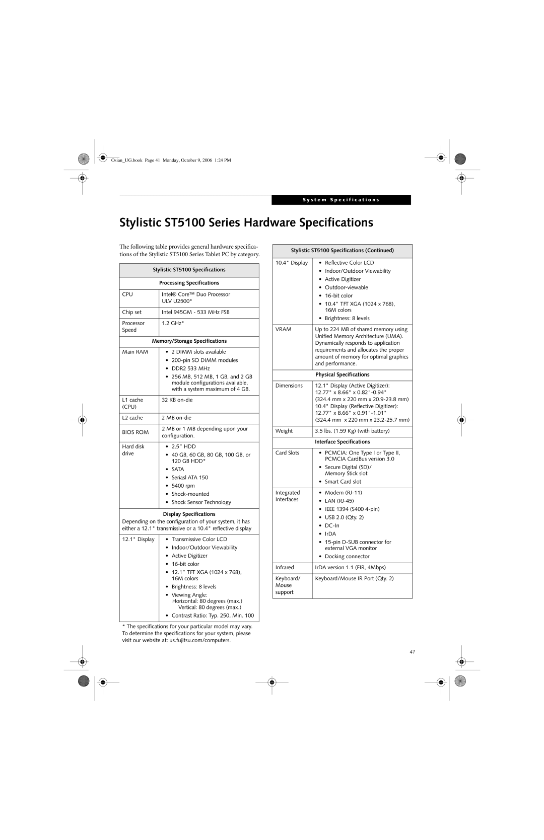 Fujitsu GBR-222200-002 manual Stylistic ST5100 Series Hardware Specifications, Processing Specifications 