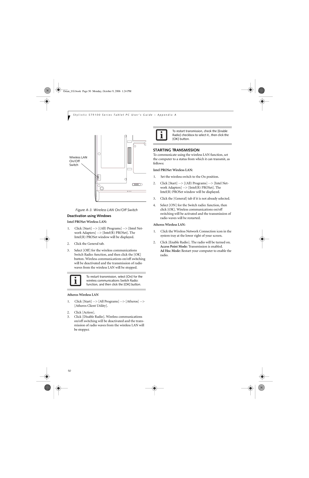 Fujitsu GBR-222200-002 Starting Transmission, Deactivation using Windows, Intel PROSet Wireless LAN, Atheros Wireless LAN 