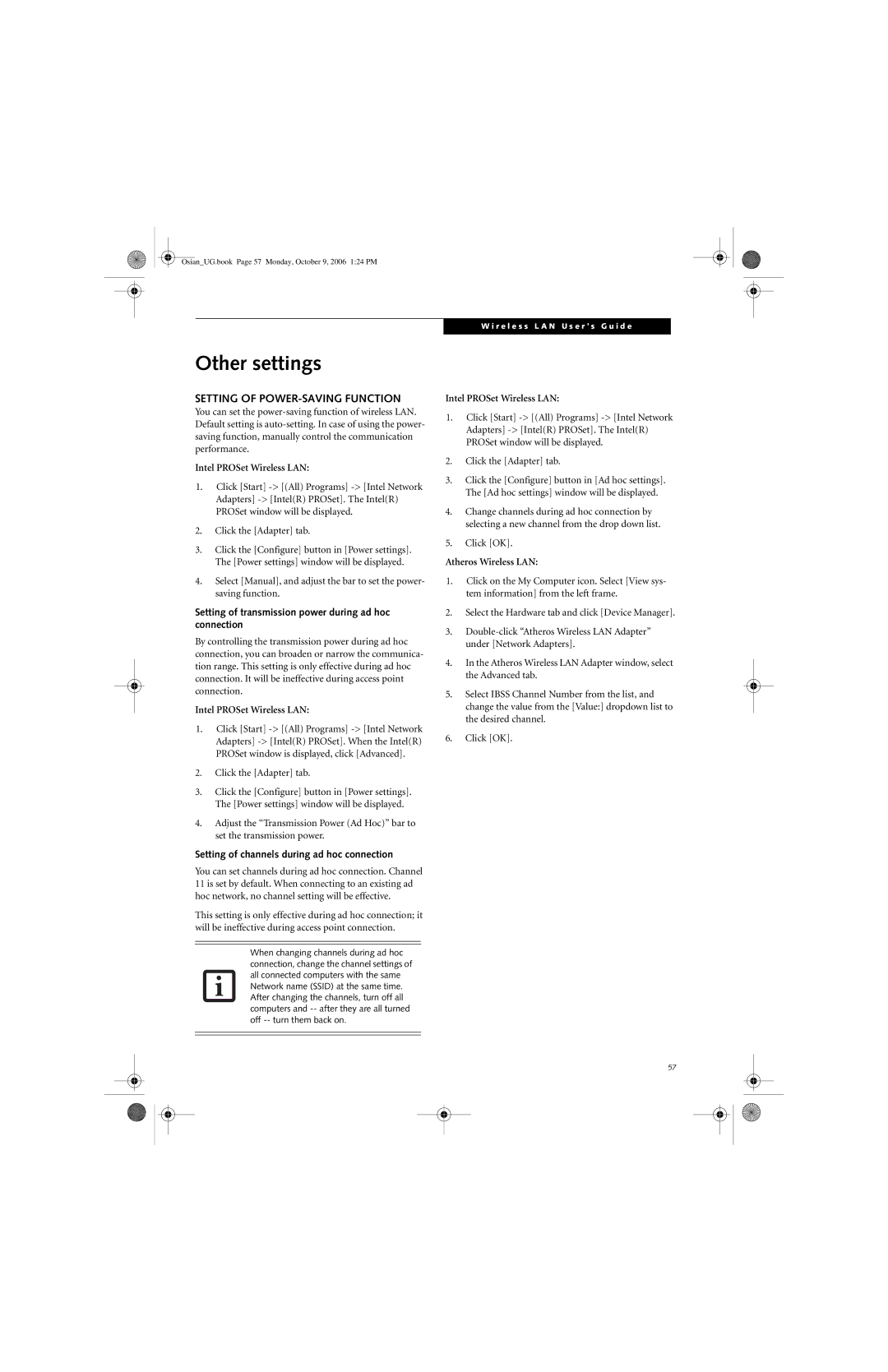 Fujitsu GBR-222200-002 Other settings, Setting of POWER-SAVING Function, Setting of channels during ad hoc connection 