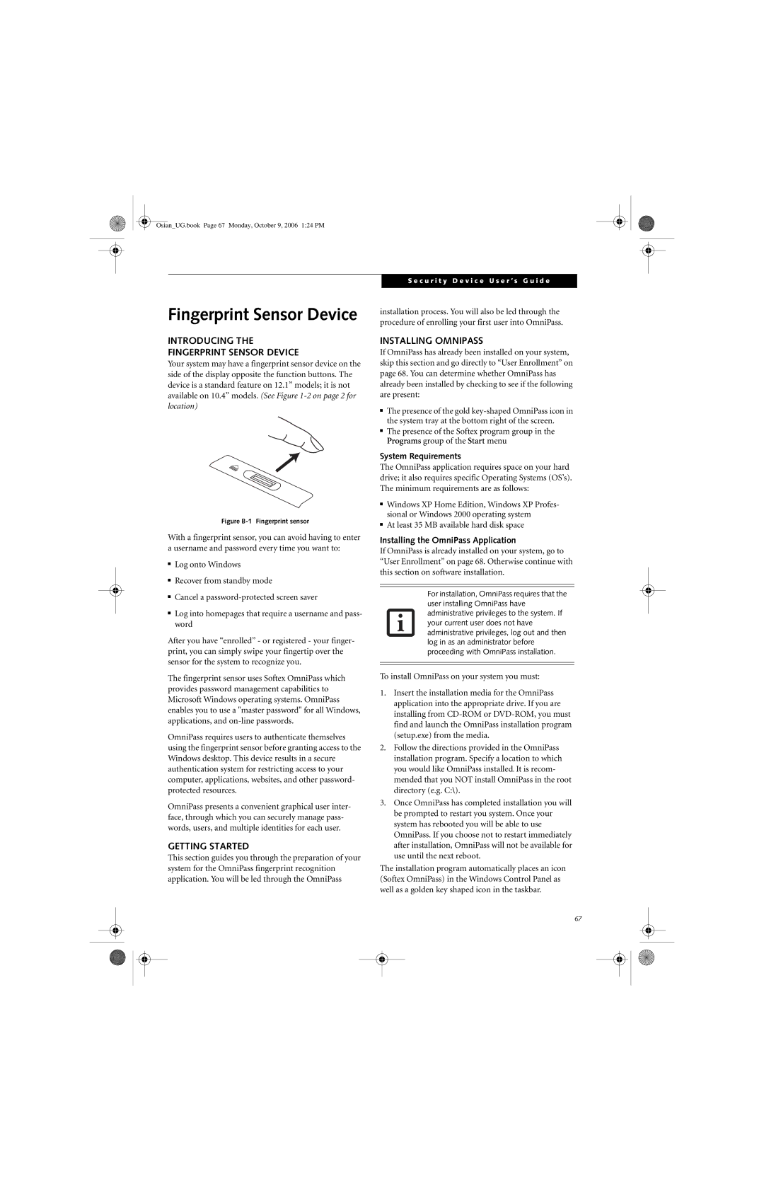 Fujitsu GBR-222200-002 Introducing Fingerprint Sensor Device, Getting Started, Installing Omnipass, System Requirements 