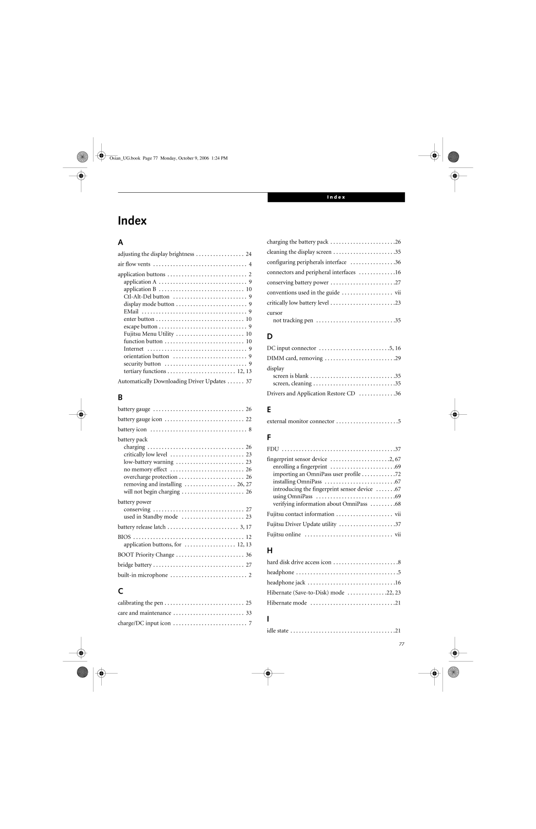 Fujitsu GBR-222200-002 manual Index, Adjusting the display brightness Air flow vents, Battery power 