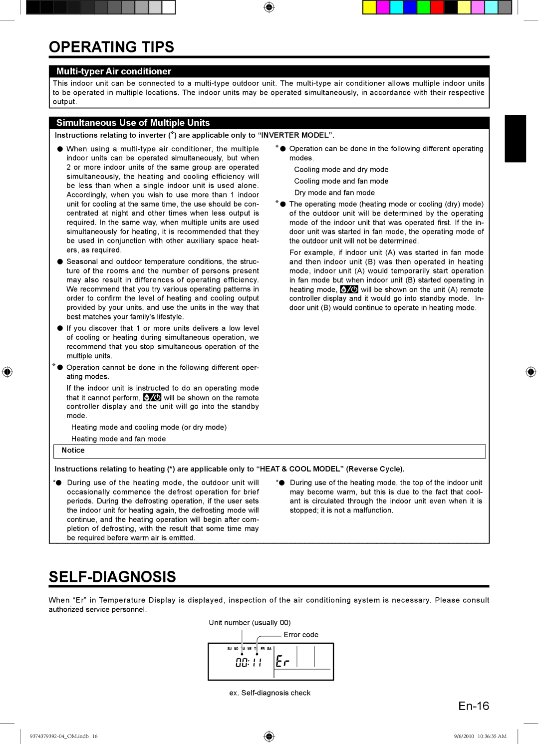 Fujitsu 9374379392-04 manual Self-Diagnosis, Multi-typer Air conditioner, Simultaneous Use of Multiple Units 