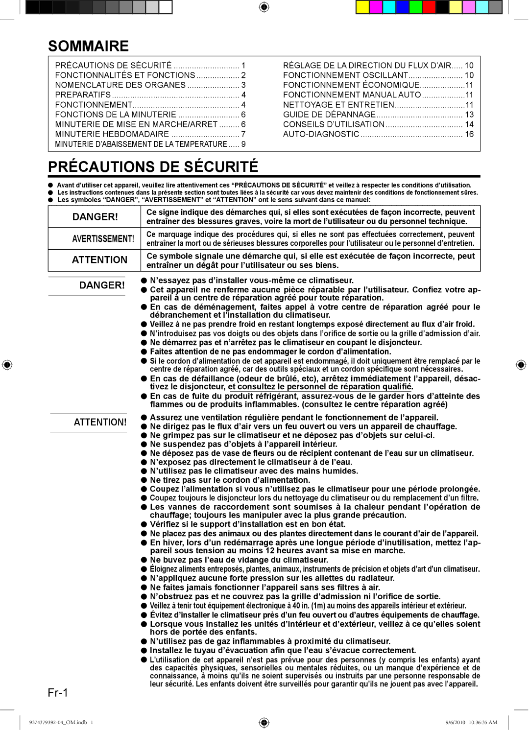 Fujitsu Halcyon Air Conditioner, 9374379392-04 manual Sommaire, Précautions DE Sécurité 