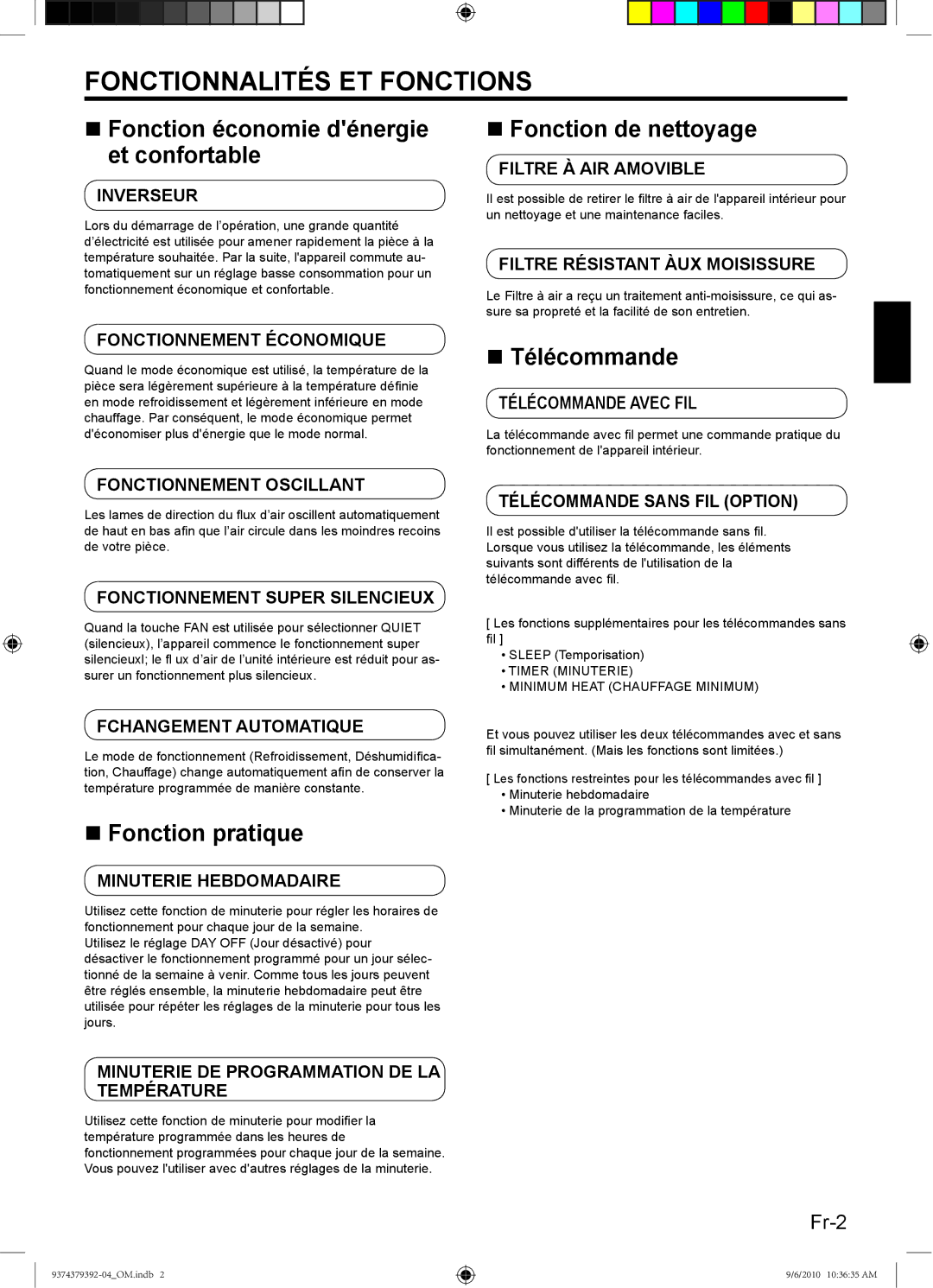 Fujitsu 9374379392-04 manual Fonctionnalités ET Fonctions, Timer Minuterie Minimum Heat Chauffage Minimum 