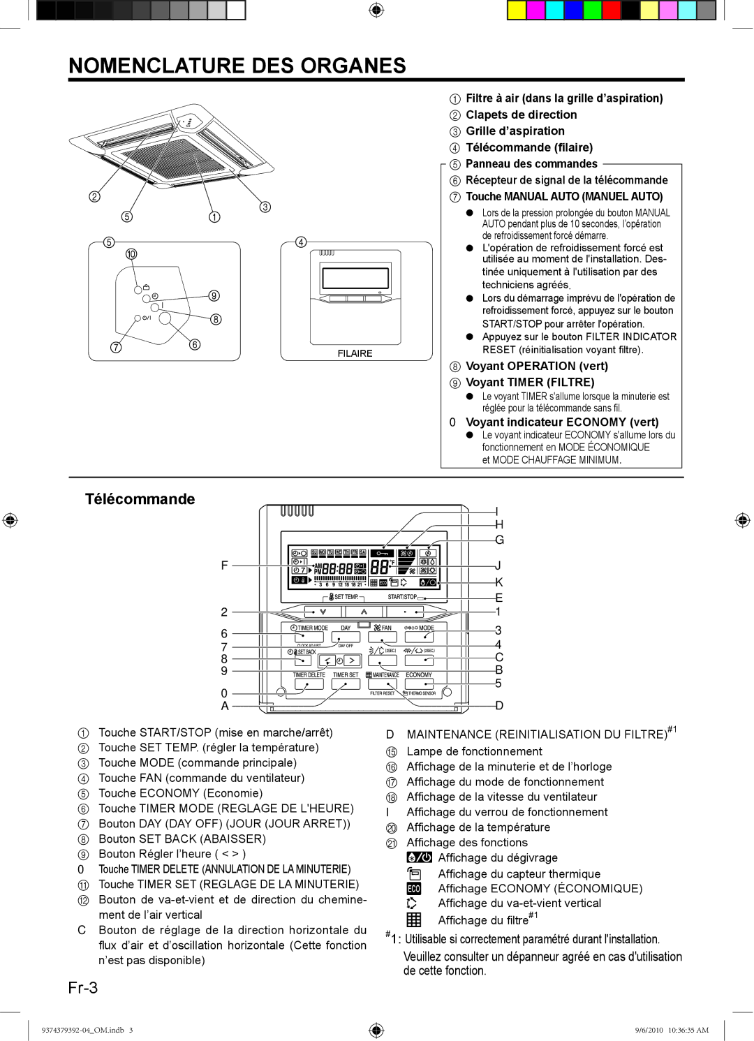 Fujitsu Halcyon Air Conditioner, 9374379392-04 manual Nomenclature DES Organes, Voyant Operation vert Voyant Timer Filtre 