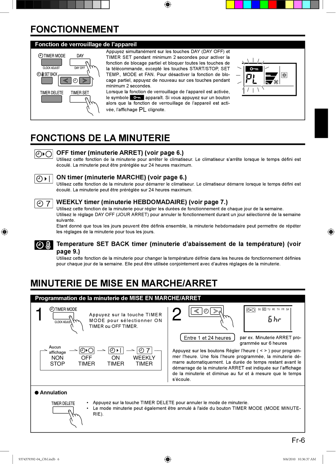 Fujitsu 9374379392-04 Fonctions DE LA Minuterie, Minuterie DE Mise EN MARCHE/ARRET, Fonction de verrouillage de l’appareil 