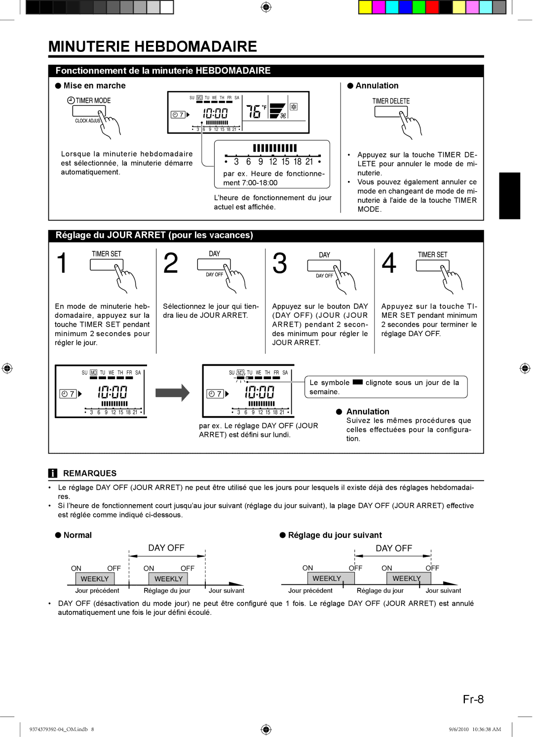 Fujitsu 9374379392-04 manual Minuterie Hebdomadaire, Fonctionnement de la minuterie Hebdomadaire, Mise en marche 