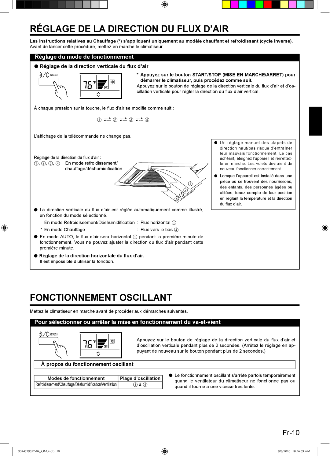 Fujitsu 9374379392-04 Réglage DE LA Direction DU Flux D’AIR, Fonctionnement Oscillant, Propos du fonctionnement oscillant 