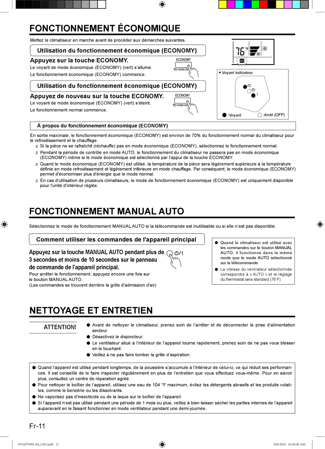 Fujitsu Halcyon Air Conditioner Fonctionnement Économique, Fonctionnement Manual Auto, Nettoyage ET Entretien, Secteur 