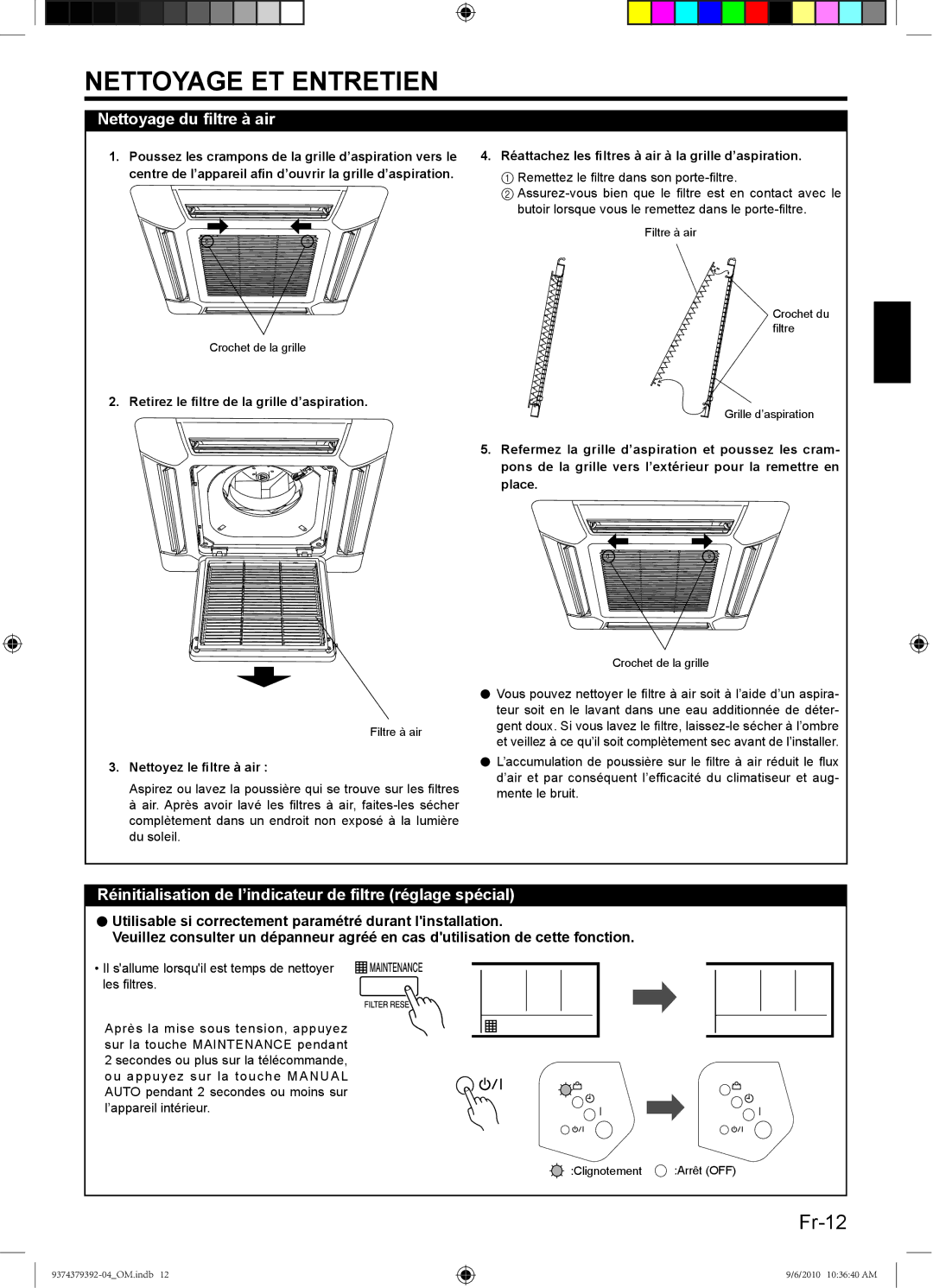 Fujitsu 9374379392-04 manual Nettoyage du ﬁltre à air, Réinitialisation de l’indicateur de ﬁltre réglage spécial 