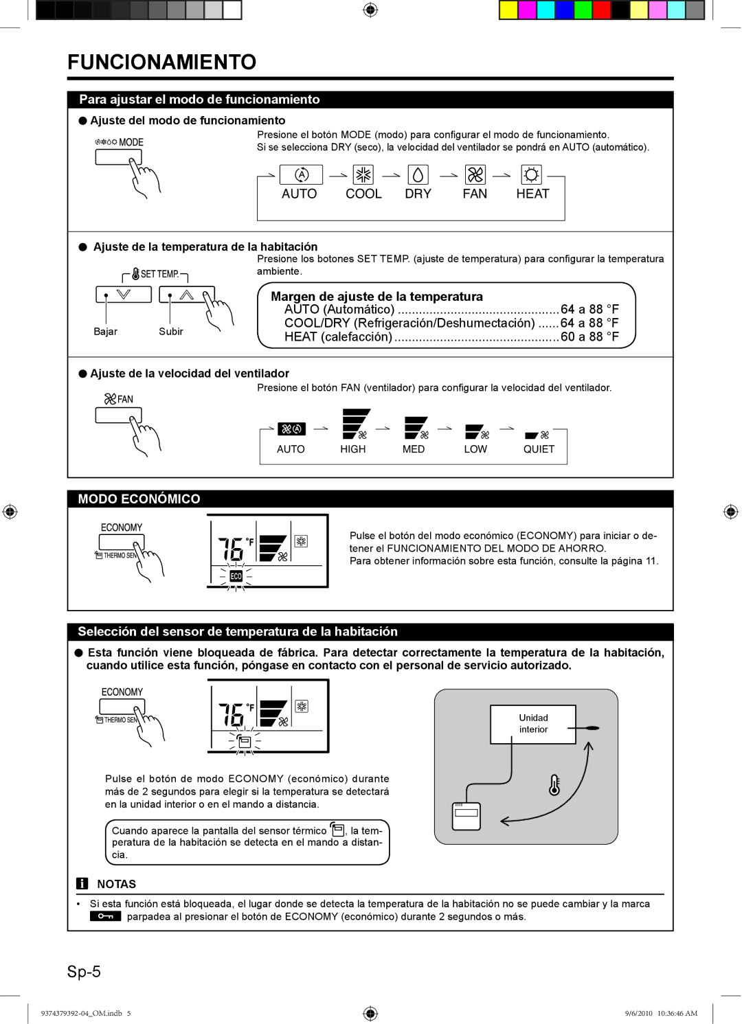 Fujitsu Halcyon Air Conditioner, 9374379392-04 Para ajustar el modo de funcionamiento, Ajuste del modo de funcionamiento 