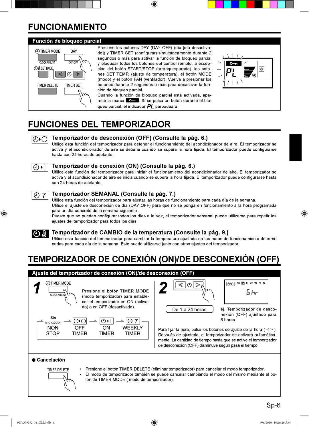 Fujitsu 9374379392-04 manual Funciones DEL Temporizador, Temporizador DE Conexión ON/DE Desconexión OFF, Cancelación 