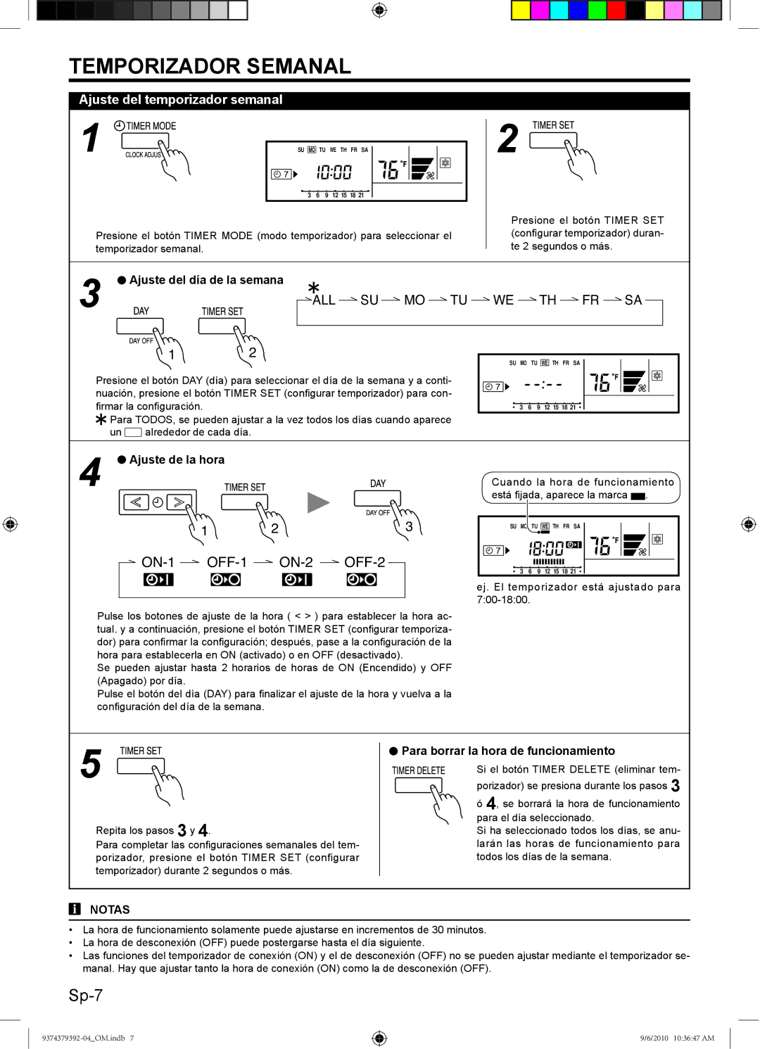 Fujitsu Halcyon Air Conditioner manual Temporizador Semanal, Ajuste del temporizador semanal, Ajuste del día de la semana 