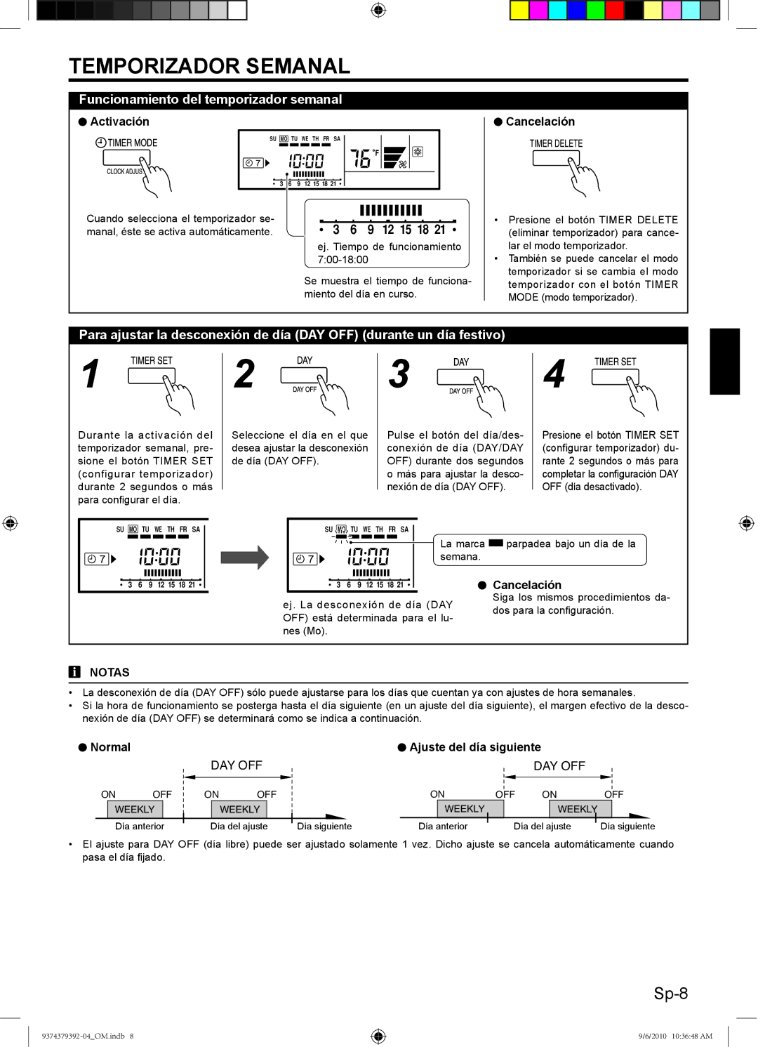 Fujitsu 9374379392-04 manual Funcionamiento del temporizador semanal, Activación, Normal Ajuste del día siguiente 