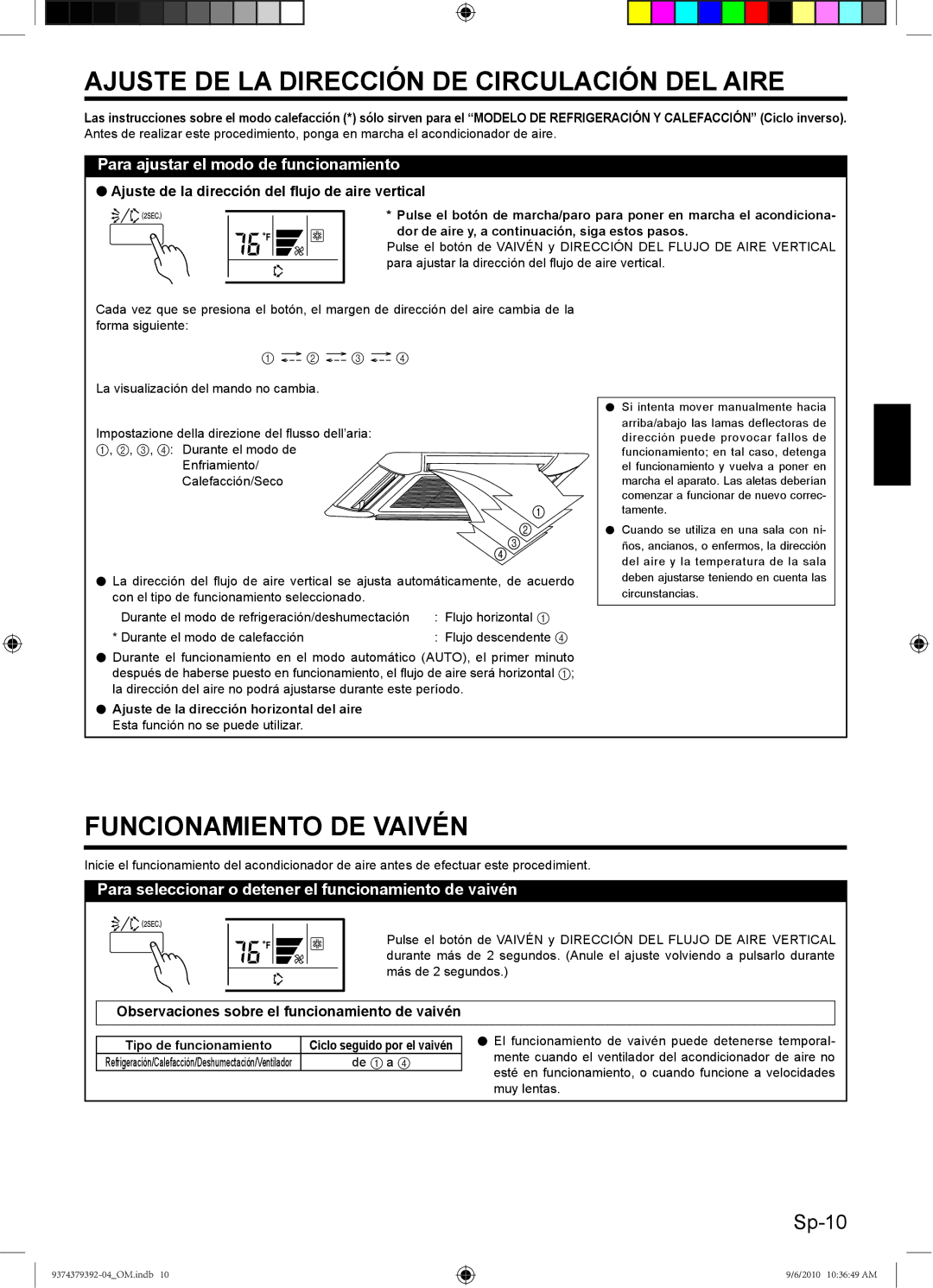 Fujitsu 9374379392-04, Halcyon Air Conditioner Ajuste DE LA Dirección DE Circulación DEL Aire, Funcionamiento DE Vaivén 