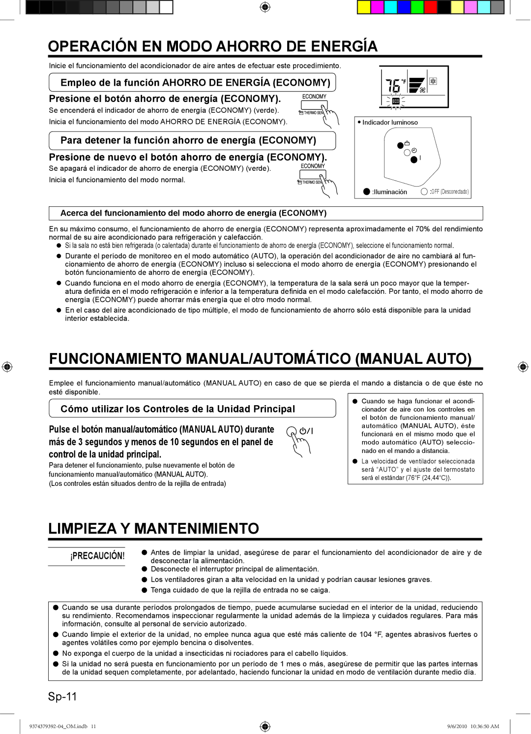 Fujitsu Halcyon Air Conditioner manual Operación EN Modo Ahorro DE Energía, Funcionamiento MANUAL/AUTOMÁTICO Manual Auto 