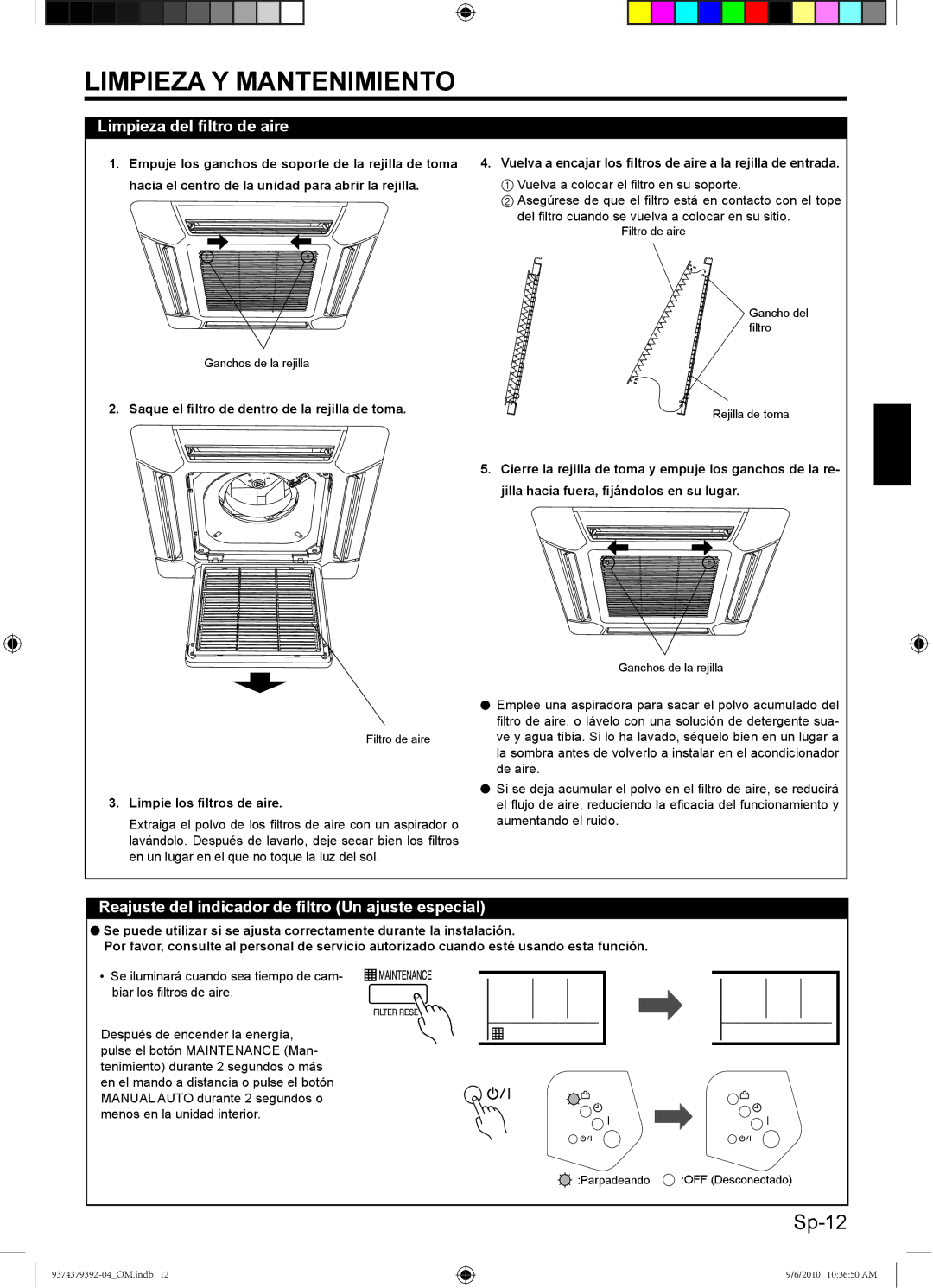 Fujitsu 9374379392-04 manual Limpieza del ﬁltro de aire, Reajuste del indicador de ﬁltro Un ajuste especial 