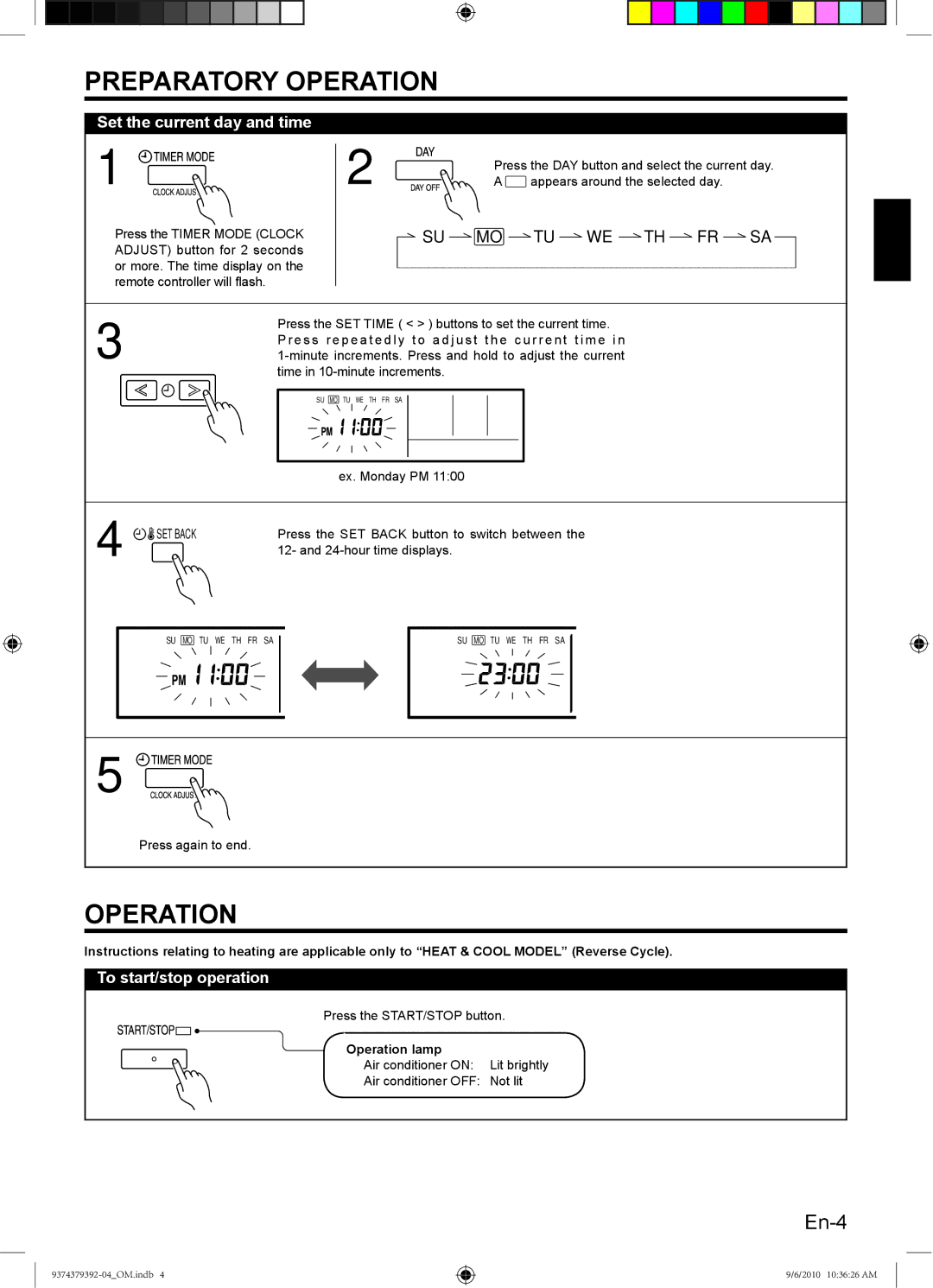 Fujitsu 9374379392-04 manual Preparatory Operation, Set the current day and time, To start/stop operation, Operation lamp 