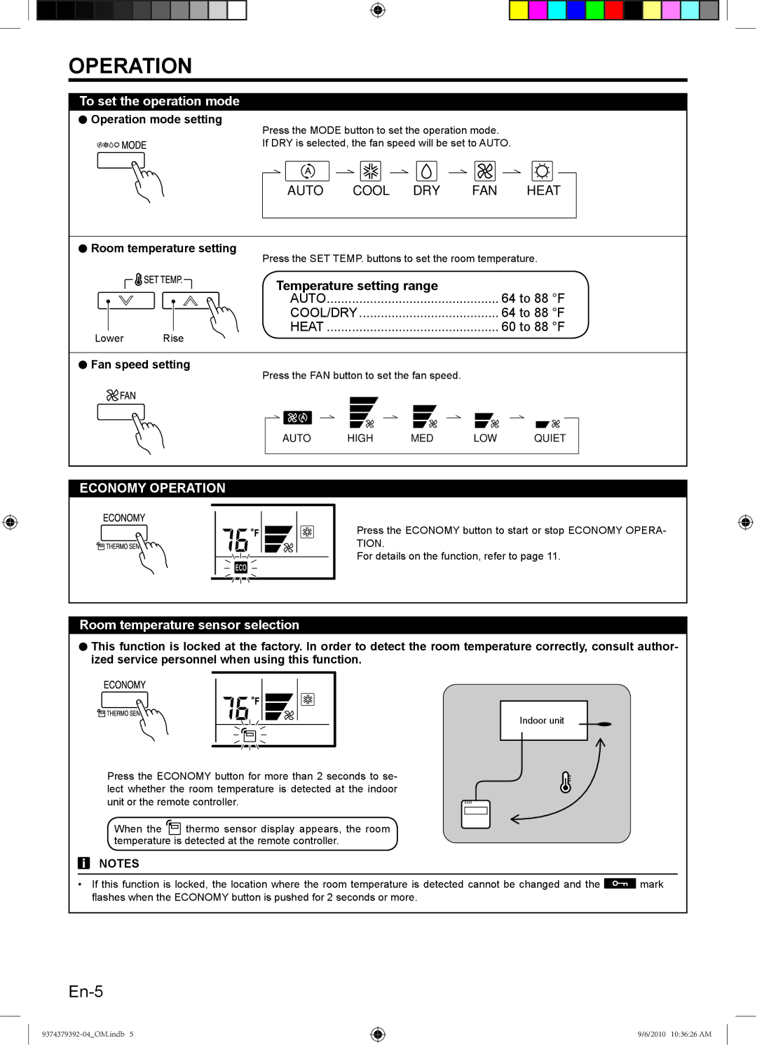 Fujitsu Halcyon Air Conditioner manual To set the operation mode, Room temperature sensor selection, Operation mode setting 