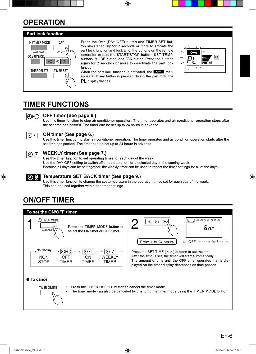 Fujitsu 9374379392-04 manual Timer Functions, ON/OFF Timer, Part lock function, To set the ON/OFF timer, To cancel 