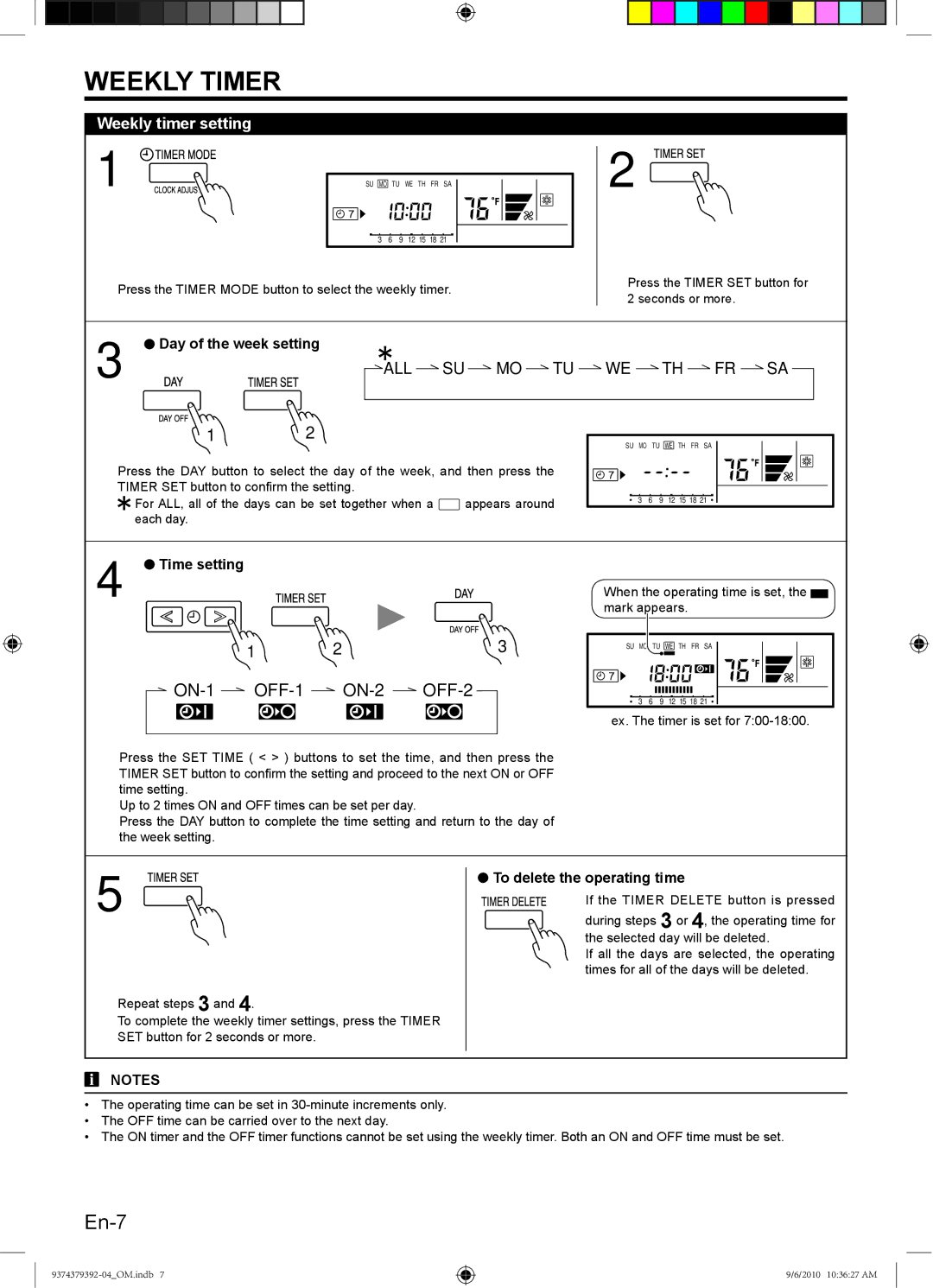 Fujitsu Halcyon Air Conditioner, 9374379392-04 Weekly Timer, Weekly timer setting, Day of the week setting, Time setting 