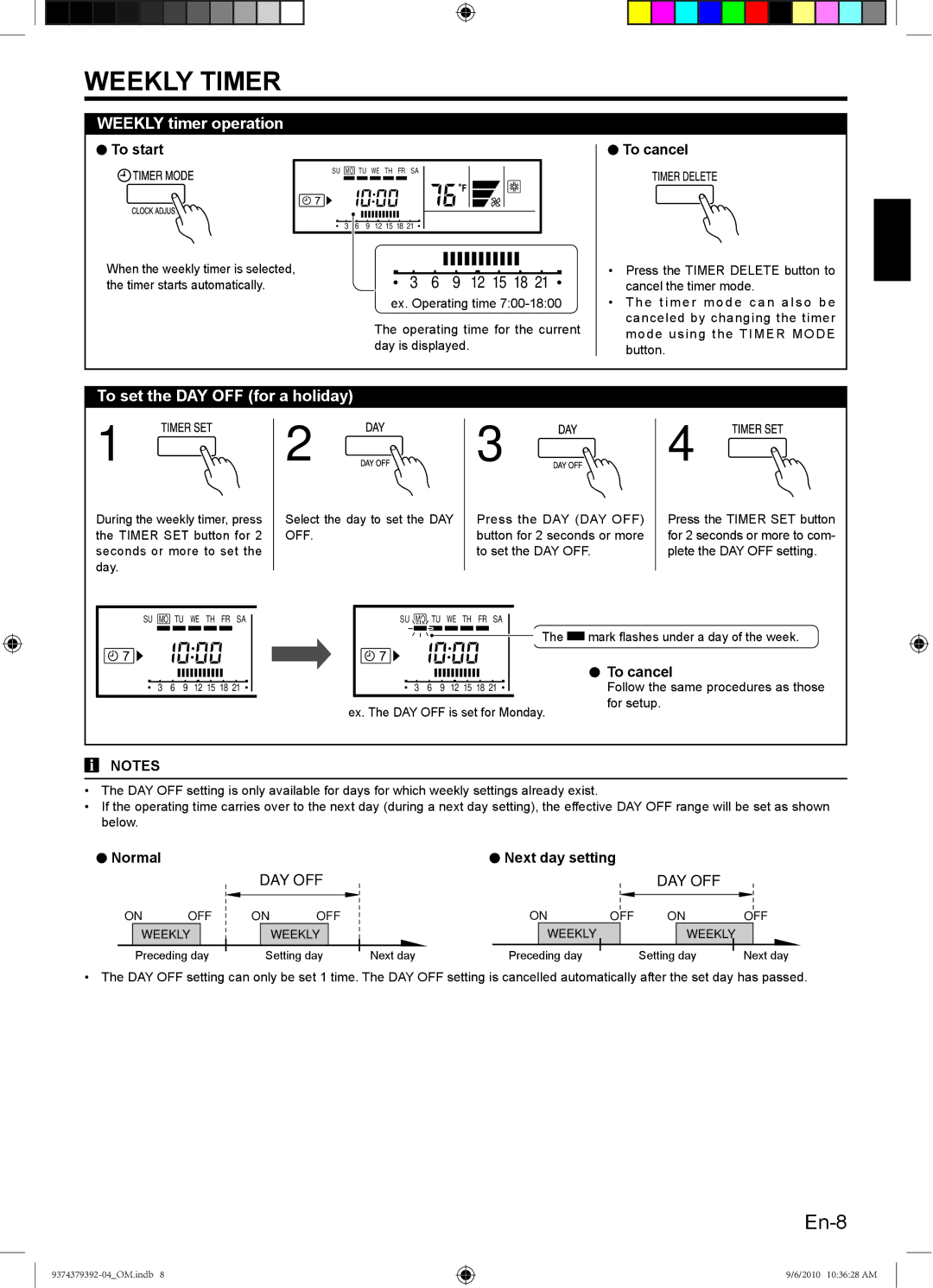 Fujitsu 9374379392-04 manual Weekly timer operation, To set the DAY OFF for a holiday, To start, Normal Next day setting 