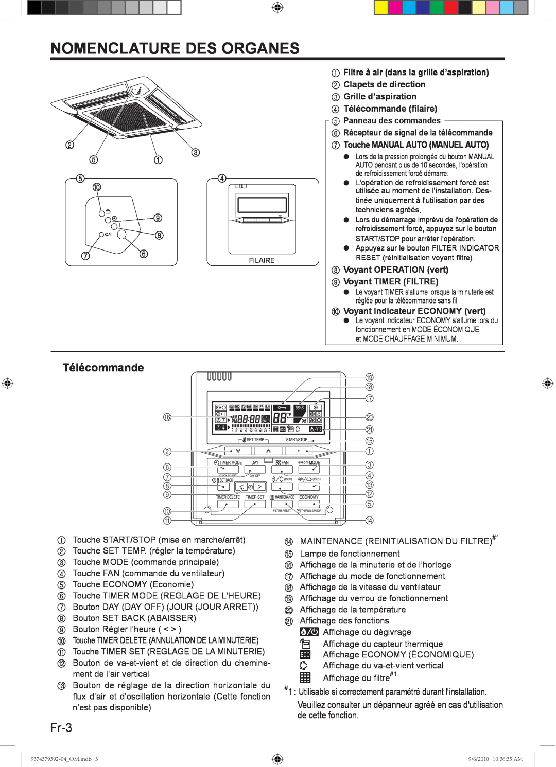 Fujitsu Halcyon Air Conditioner, 9374379392-04 manual Nomenclature Des Organes, Fr-3, Télécommande 