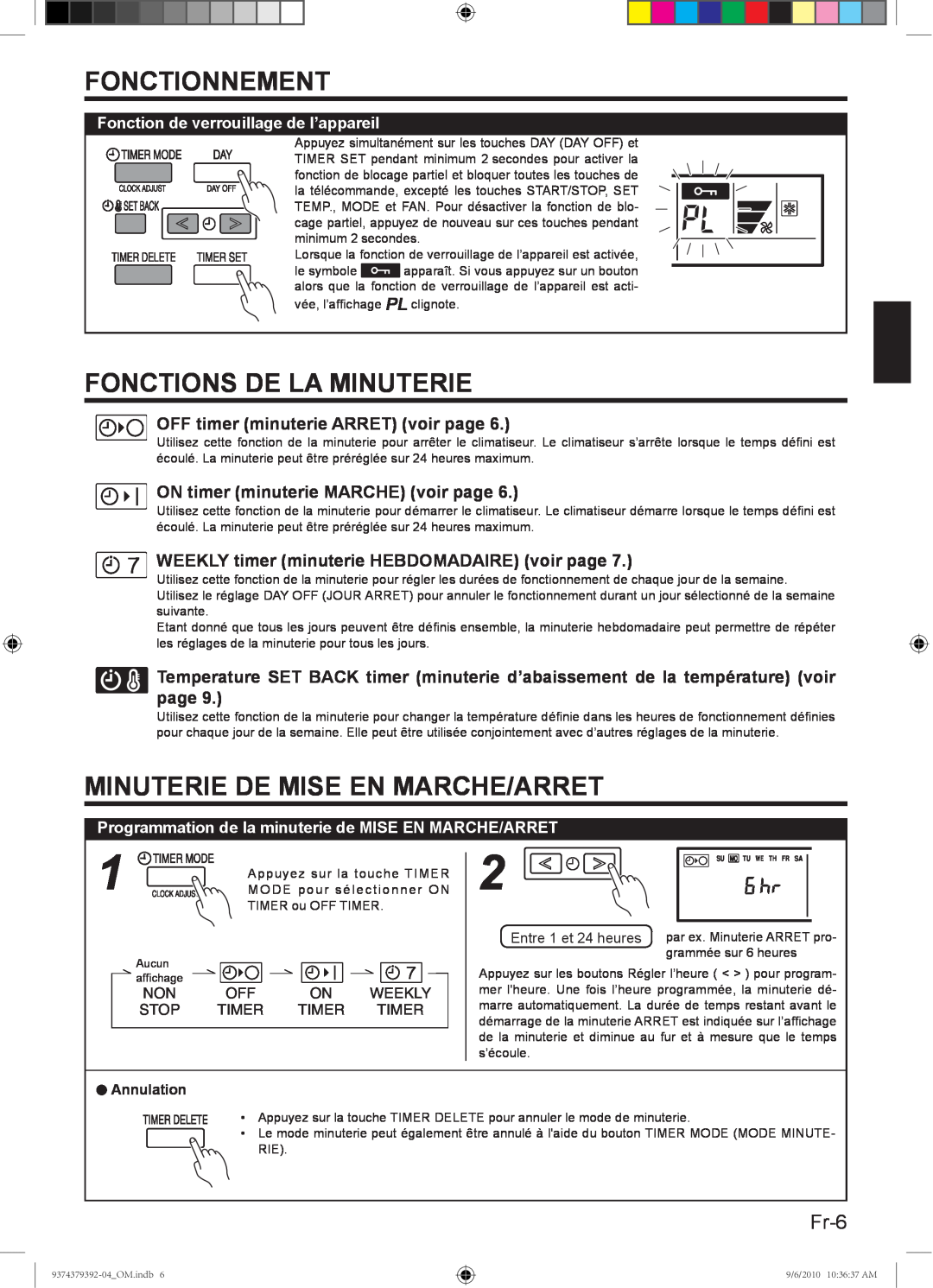 Fujitsu 9374379392-04 Fonctions De La Minuterie, Minuterie De Mise En Marche/Arret, Fr-6, Fonctionnement, Weekly, Stop 