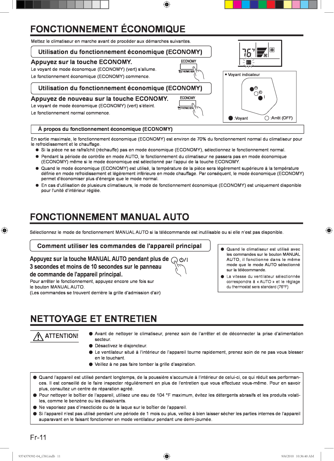 Fujitsu Halcyon Air Conditioner manual Fonctionnement Économique, Fonctionnement Manual Auto, Nettoyage Et Entretien, Fr-11 