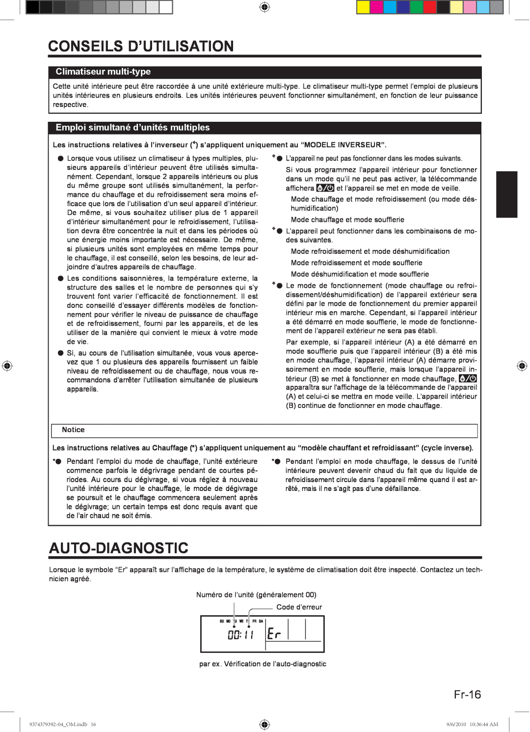 Fujitsu 9374379392-04, Halcyon Air Conditioner manual Auto-Diagnostic, Fr-16, Conseils D’Utilisation, Climatiseur multi-type 