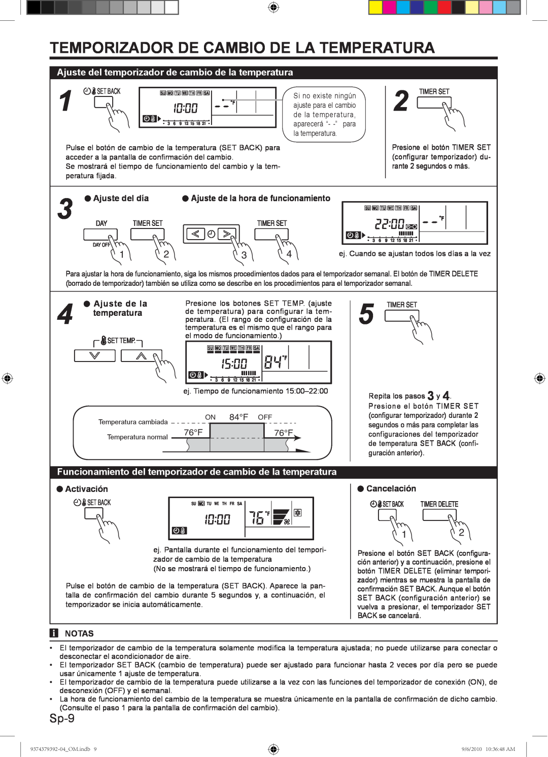 Fujitsu Halcyon Air Conditioner, 9374379392-04 manual Temporizador De Cambio De La Temperatura, Sp-9 