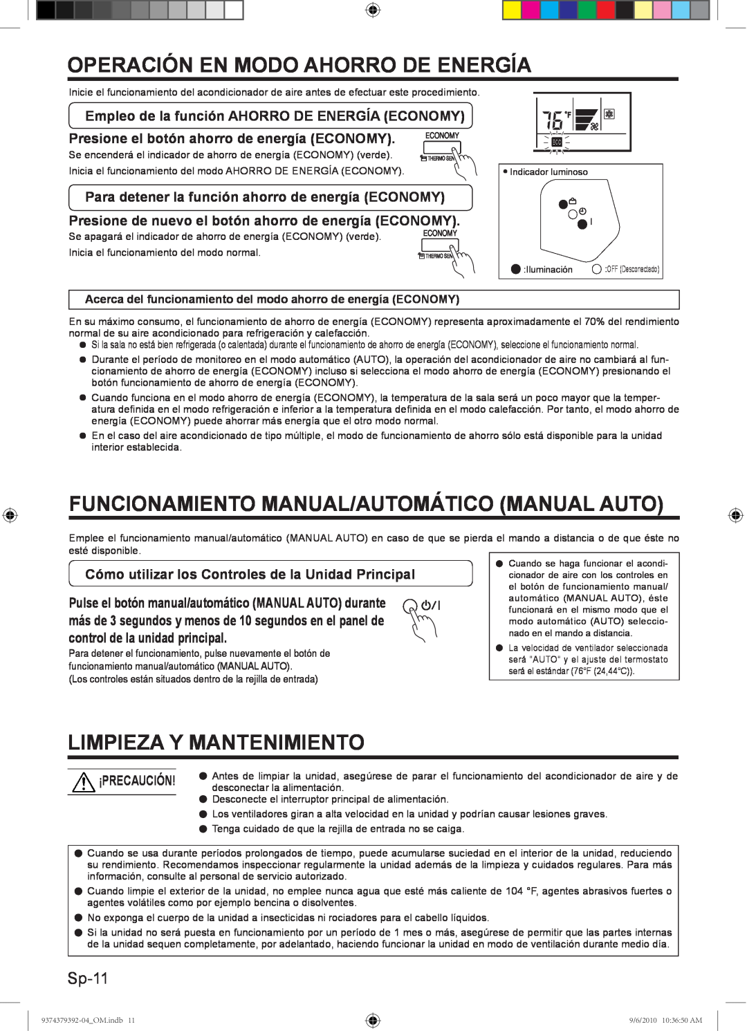 Fujitsu Halcyon Air Conditioner Operación En Modo Ahorro De Energía, Funcionamiento Manual/Automático Manual Auto, Sp-11 